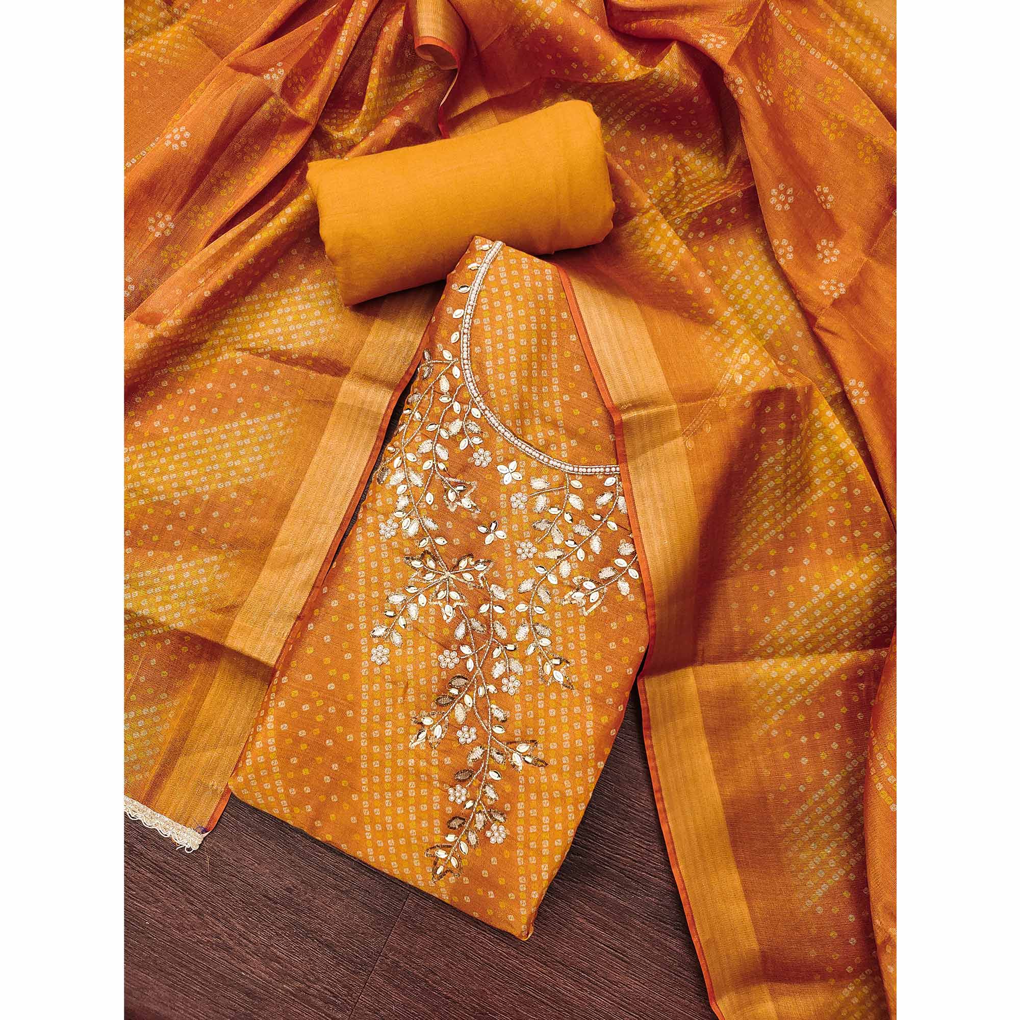 Bandhani Printed Mustard Cotton Silk Dress Material with Hand Embellishment - Image 3