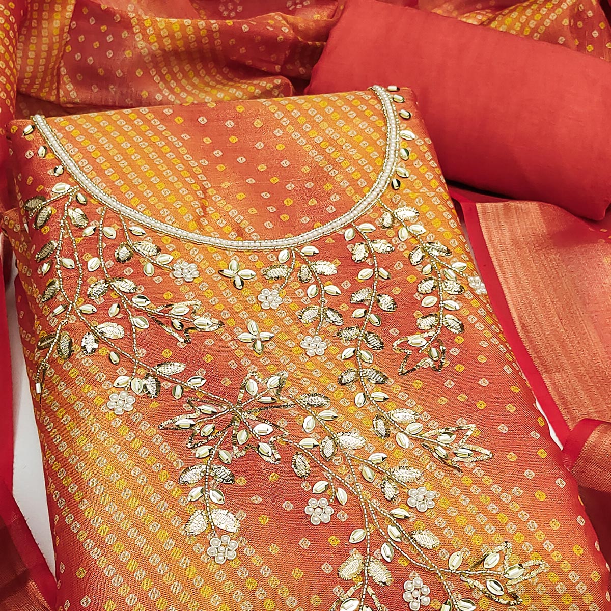 Bandhani Printed Orange Cotton Silk Dress Material with Hand Embellishment - Image 2