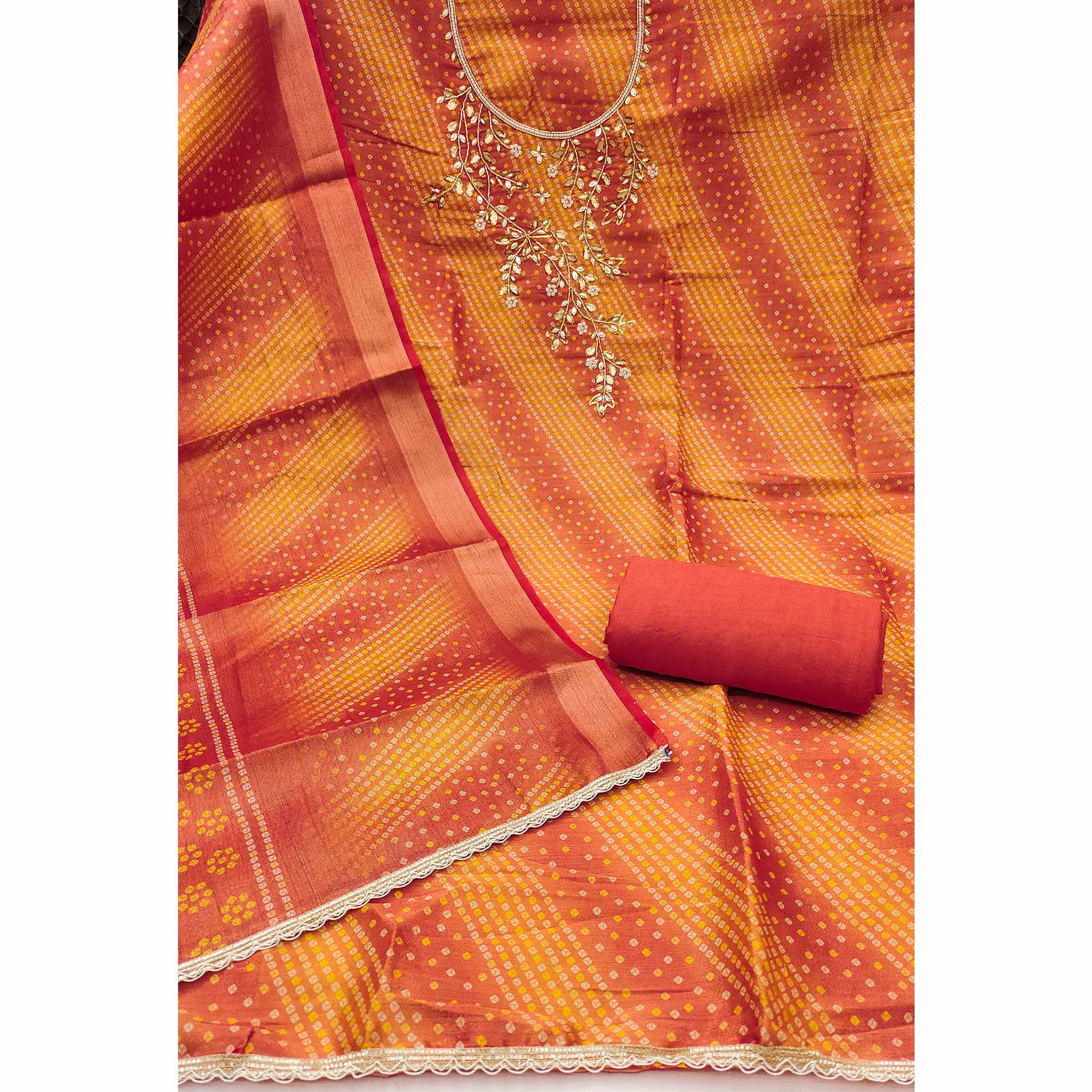 Bandhani Printed Orange Cotton Silk Dress Material with Hand Embellishment - Image 4