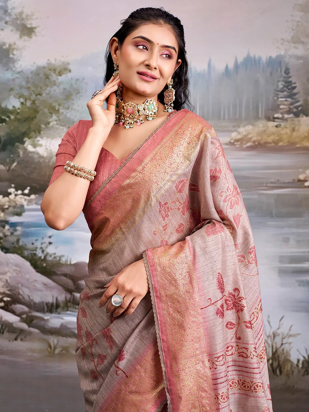 Beautiful Beige Cotton Silk Saree with Floral Elegance and Traditional Zari Border - Image 4