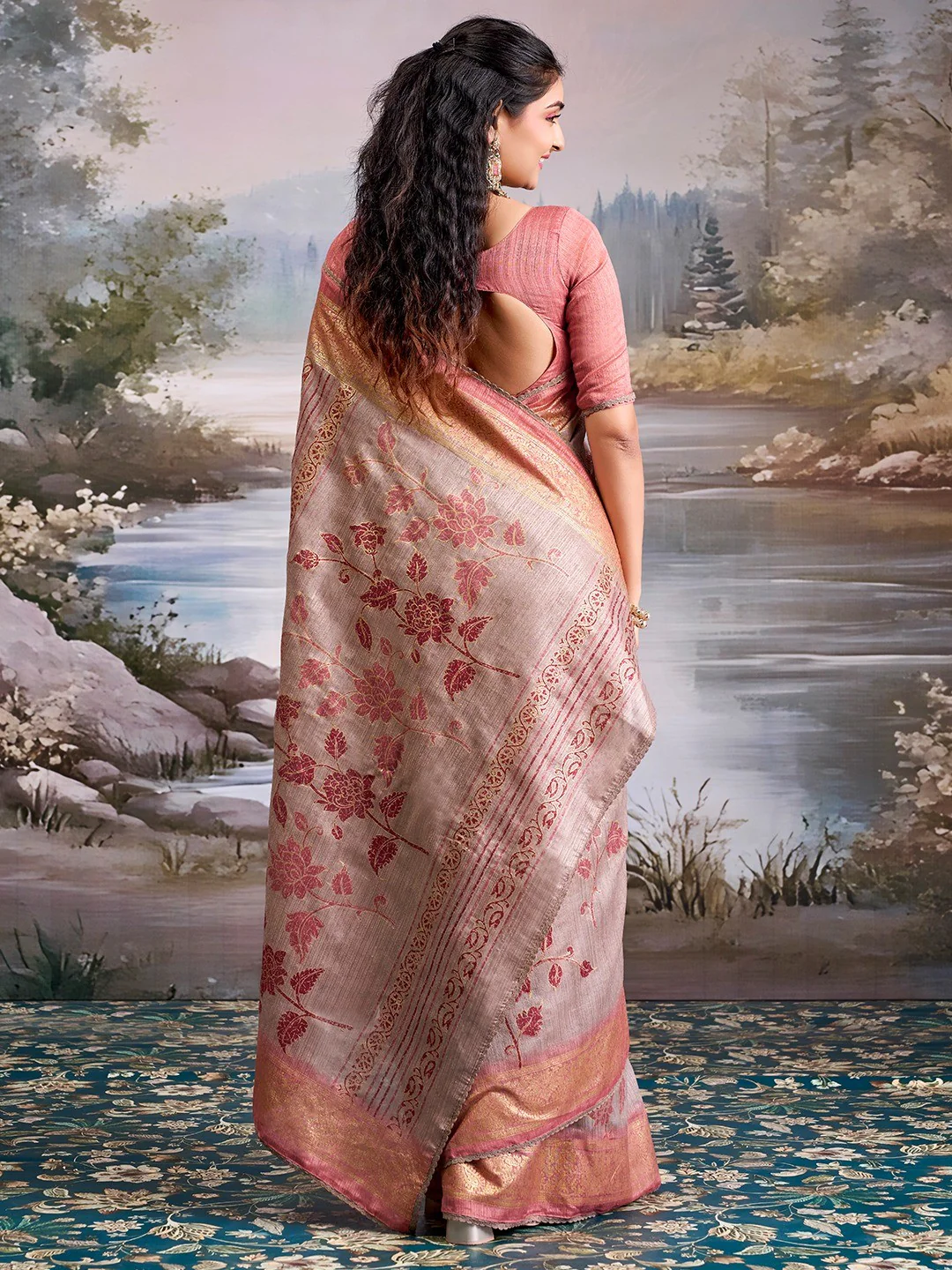 Beautiful Beige Cotton Silk Saree with Floral Elegance and Traditional Zari Border - Image 5