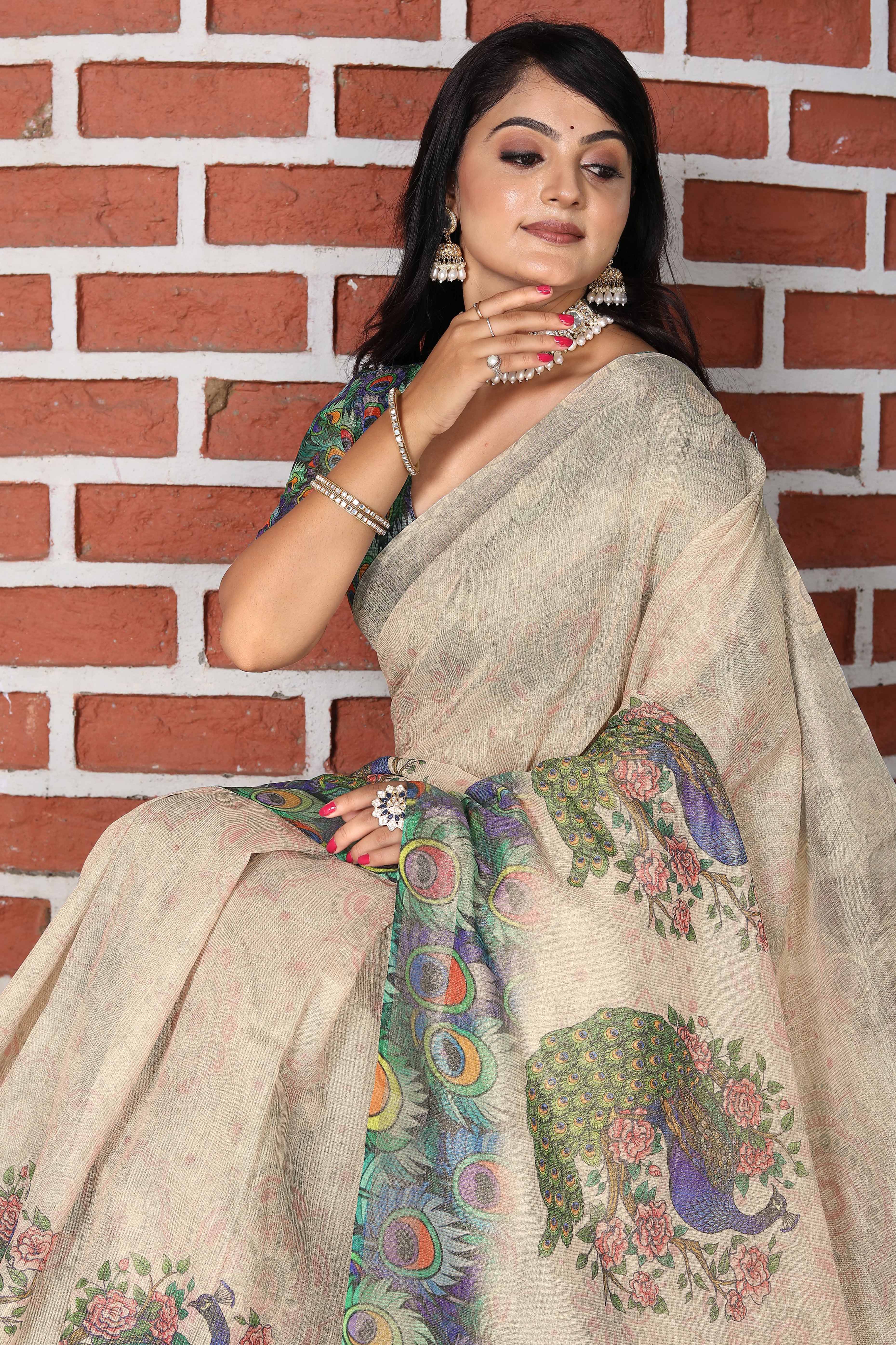 Beautiful Beige Tissue Handloom Saree with Detailed Floral Embellishments - Image 6