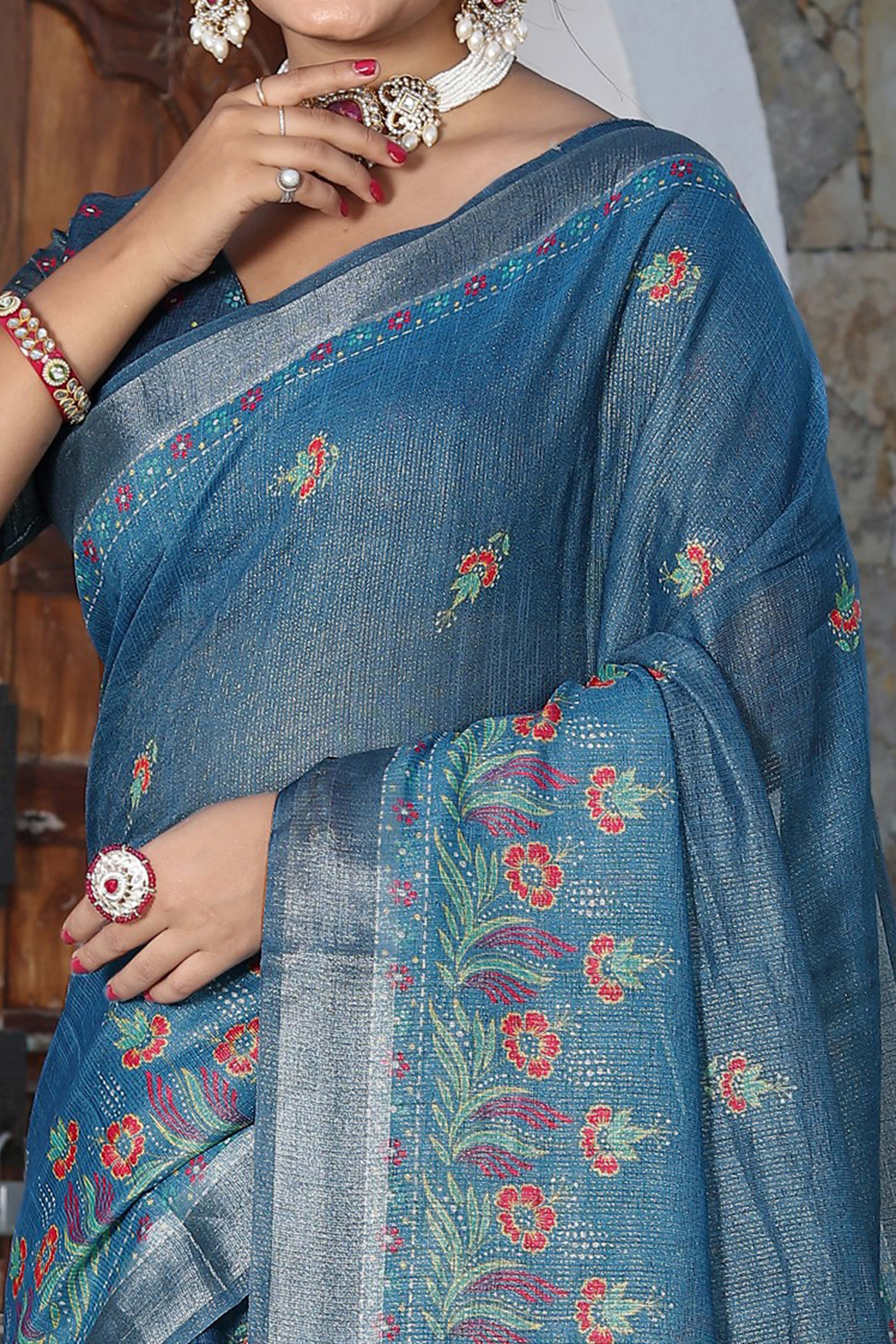 Beautiful Blue Tissue Handloom Saree with Detailed Digital Floral Embellishments - Image 2