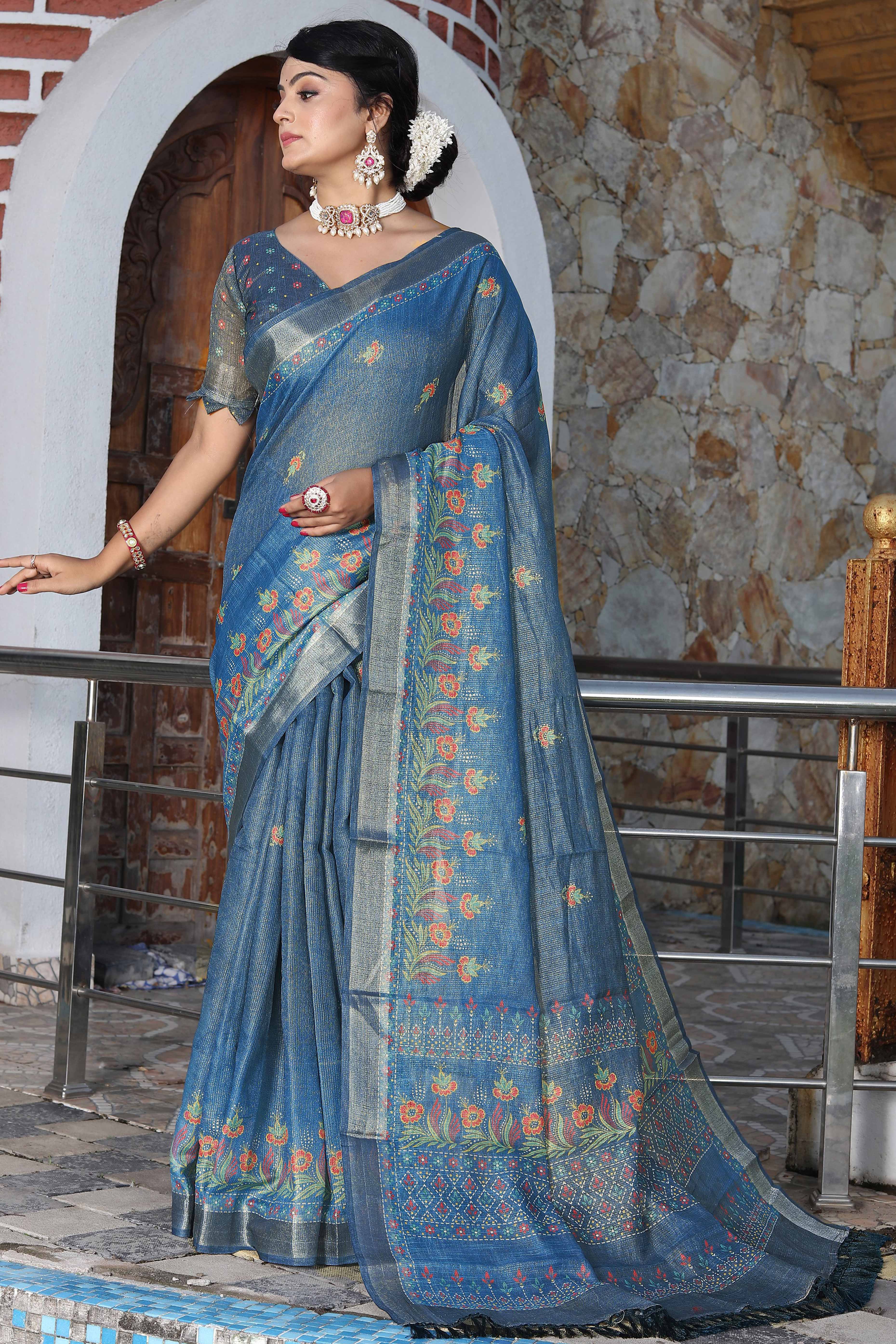 Beautiful Blue Tissue Handloom Saree with Detailed Digital Floral Embellishments - Image 5