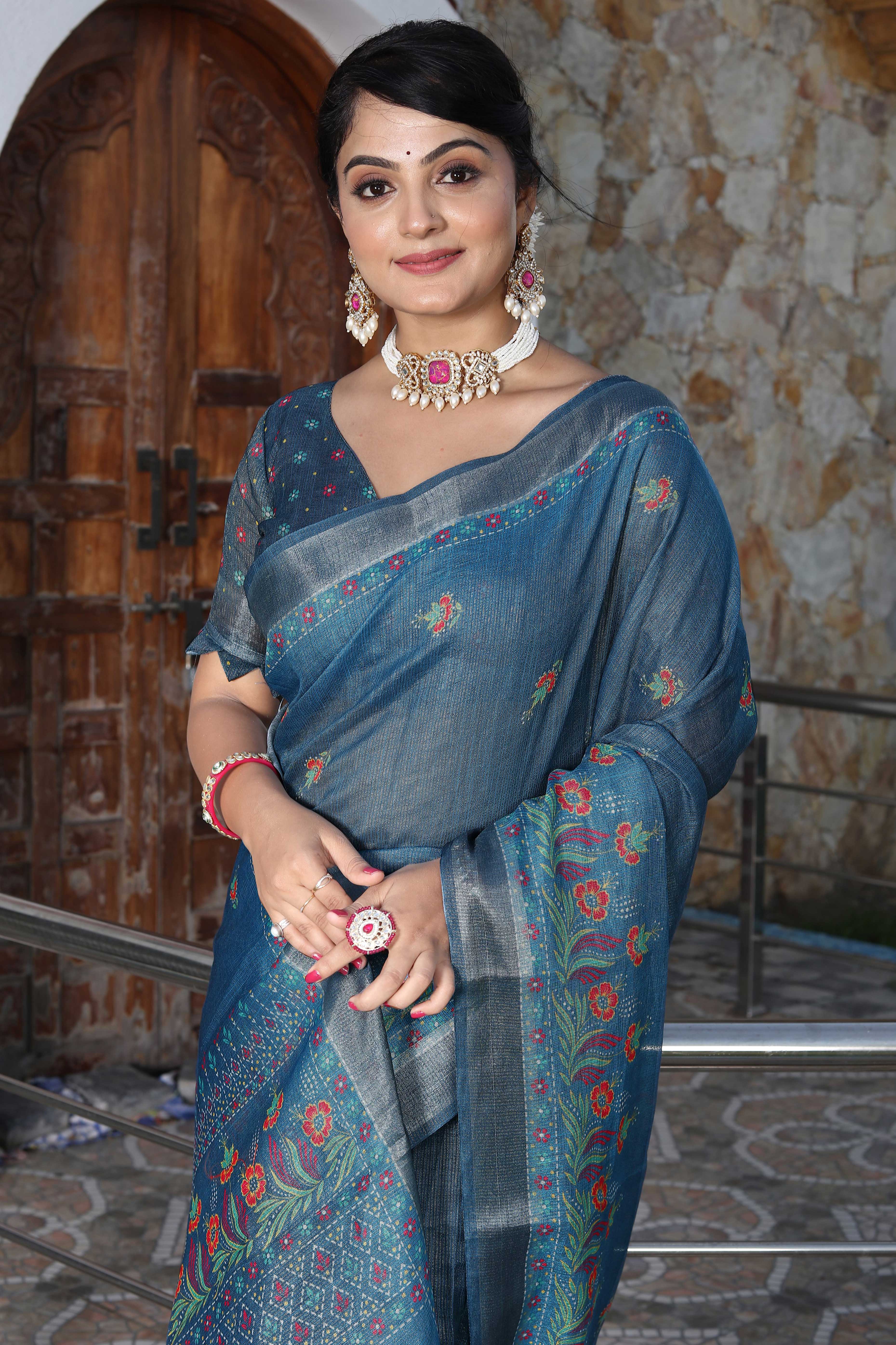 Beautiful Blue Tissue Handloom Saree with Detailed Digital Floral Embellishments - Image 7