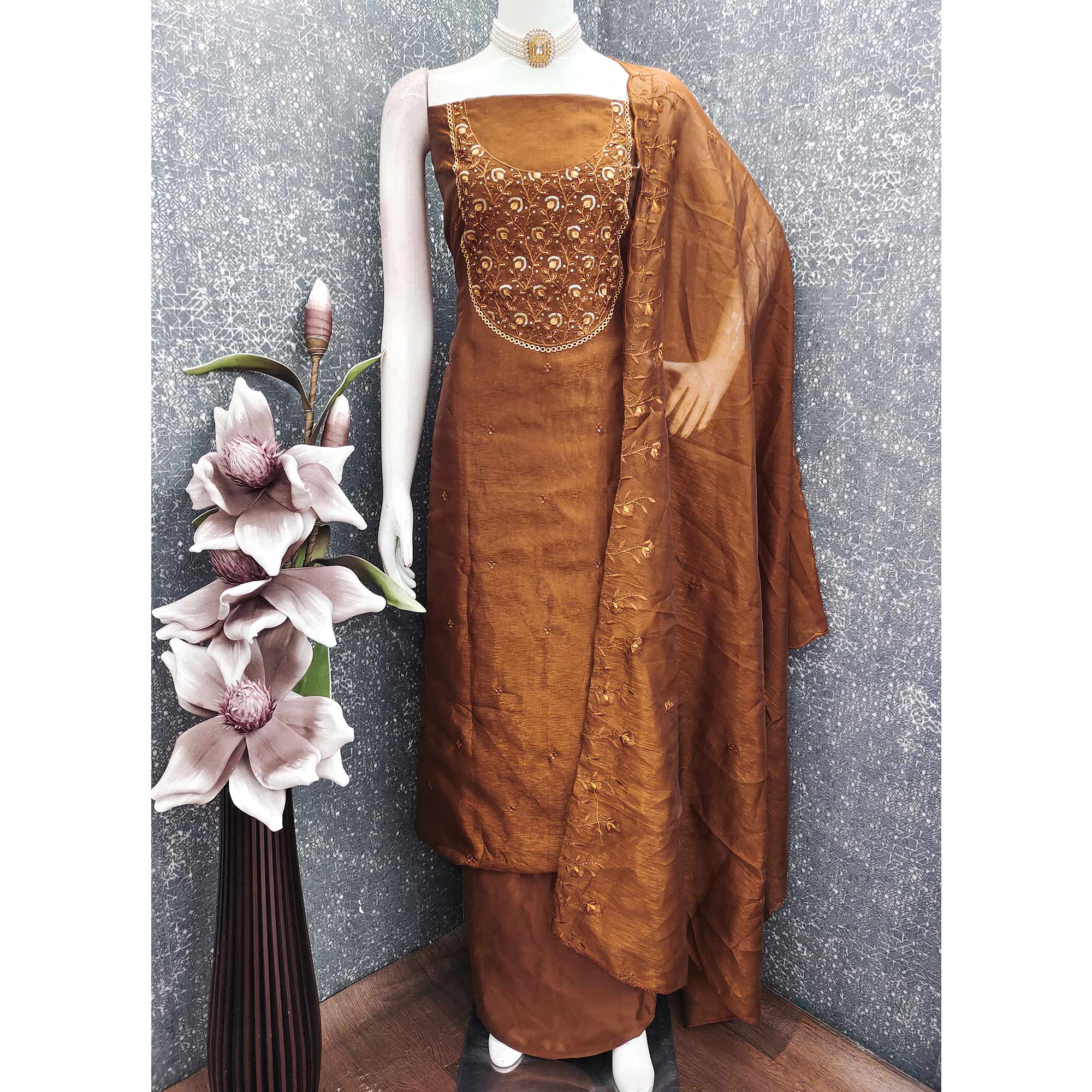 Beautiful Brown Art Silk Unstitched Suit Material Decorated with Fine Floral Embroidery Work - Image 3