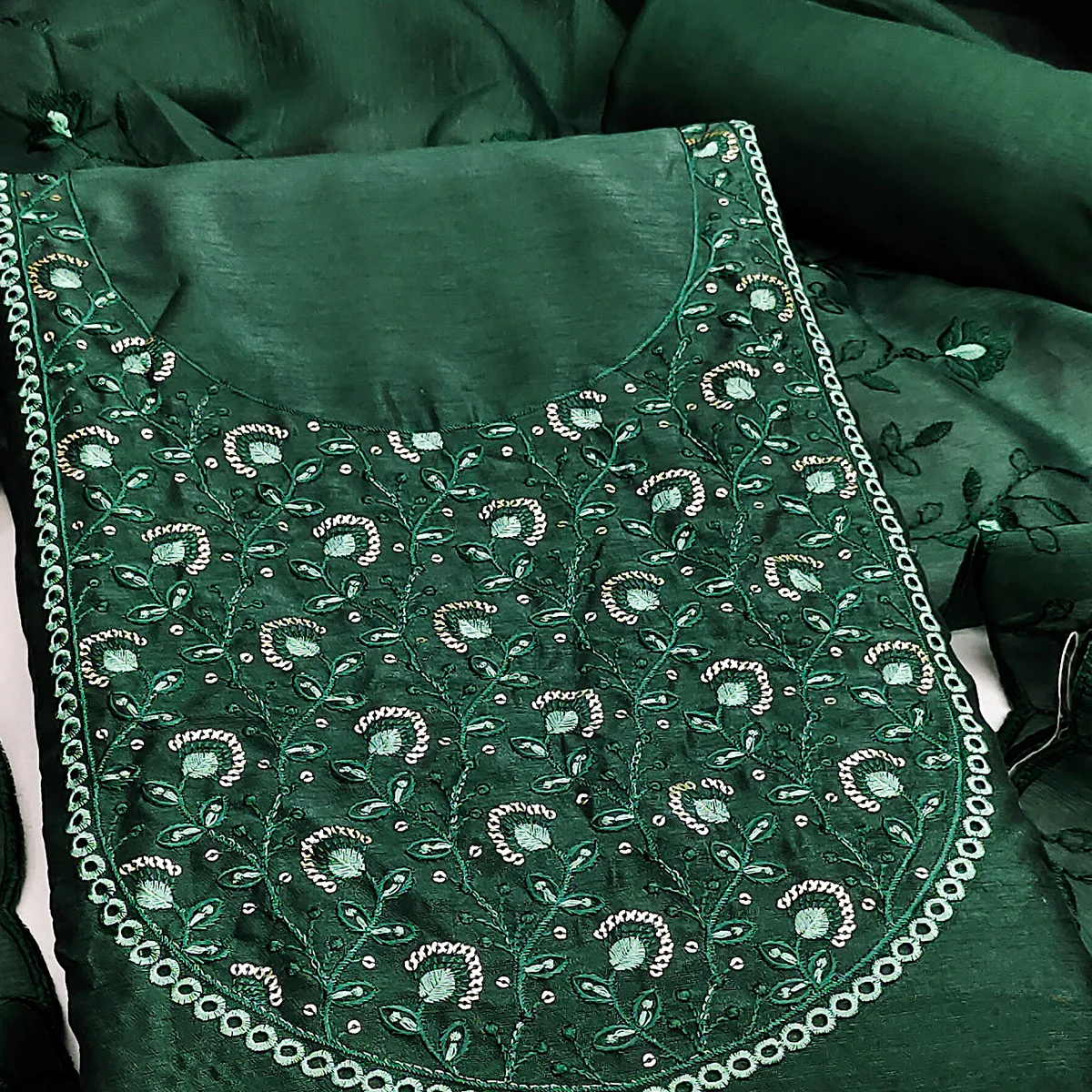 Beautiful Green Art Silk Unstitched Suit Material Decorated with Fine Floral Embroidery Work - Image 2