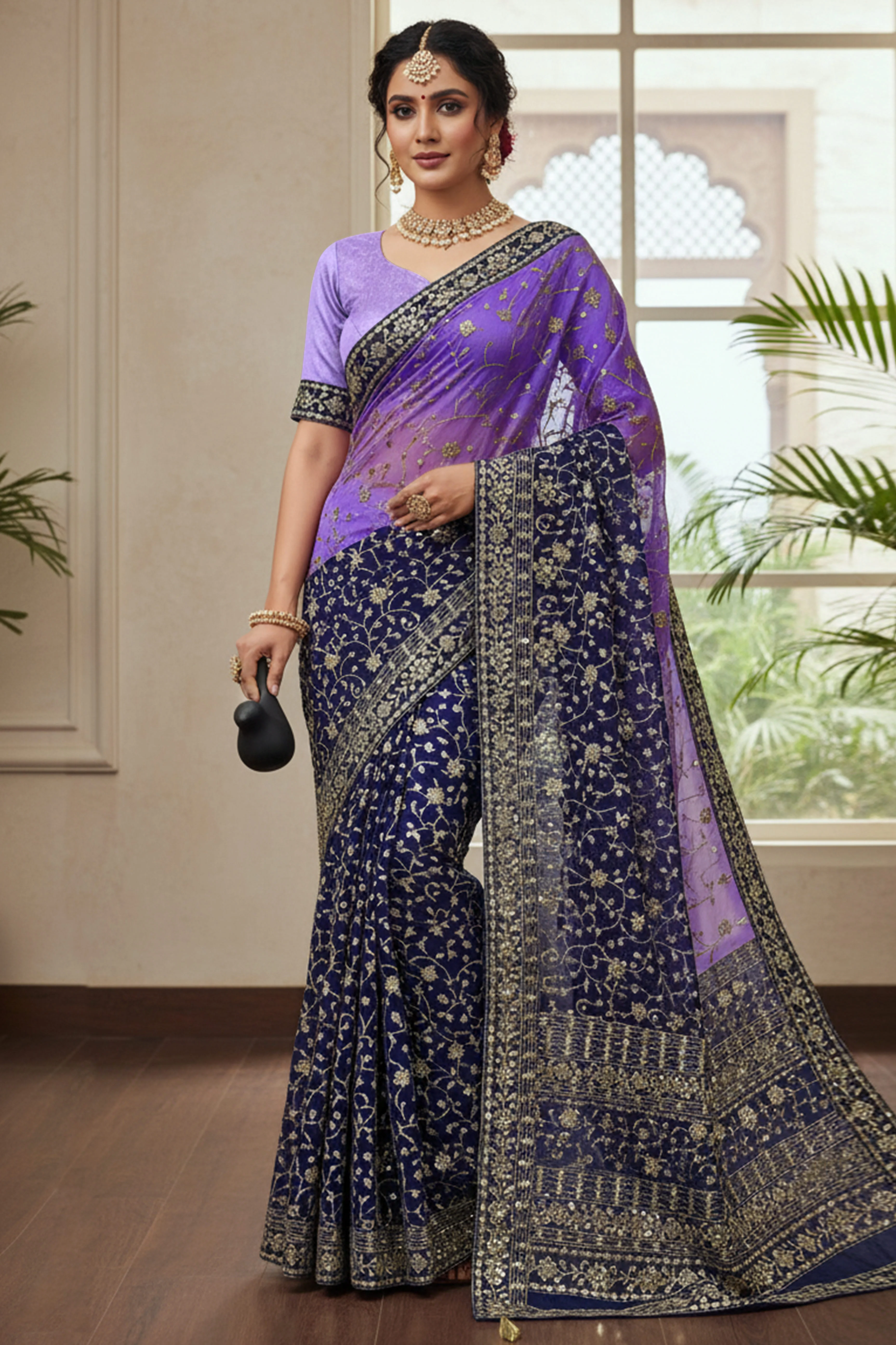Beautiful Lavender Partywear Saree Crafted in Georgette with Sequins and Thread Work - Image 6