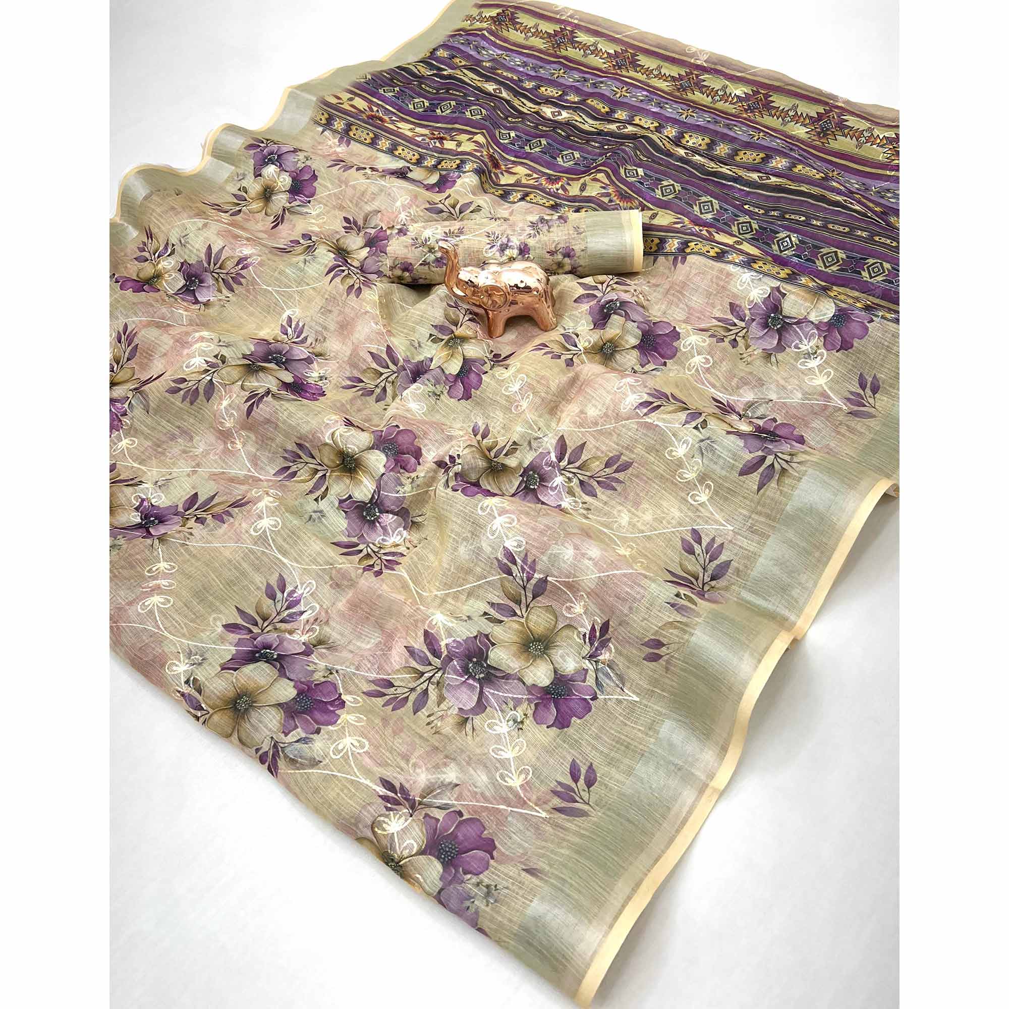 Beautiful Light Beige Floral Printed Saree in Lightweight Soft Linen Fabric - Image 3