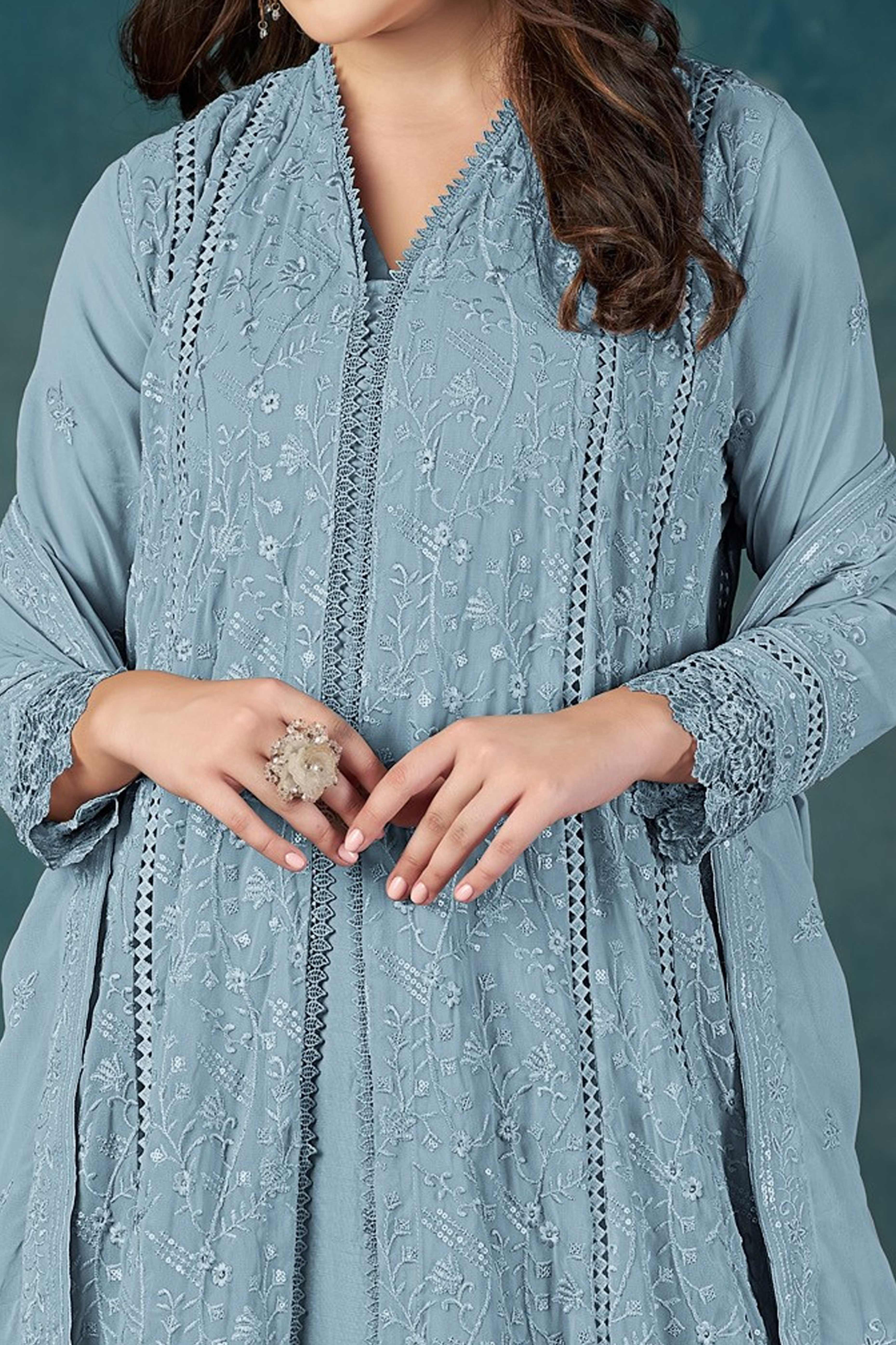 Beautiful Light Blue Embroidered Pakistani Style Semi-Stitched Salwar Suit in Soft Georgette Fabric - Image 2