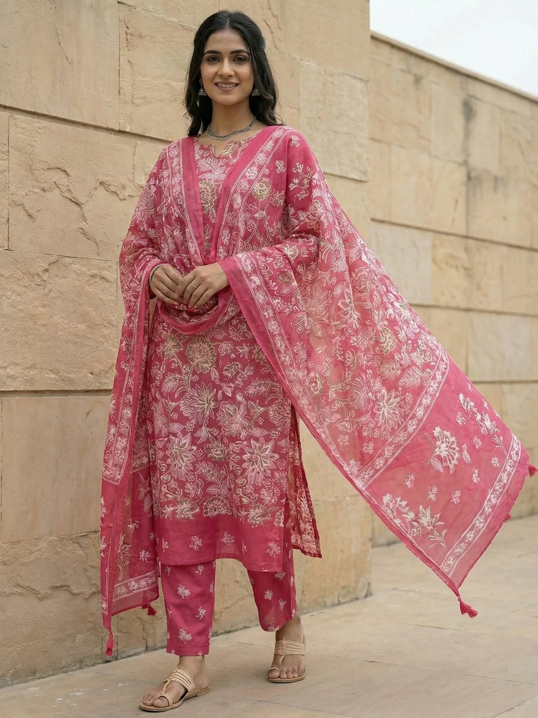 Beautiful Pink Floral Pattern Pure Cotton Kurta Salwar Set with Printed Dupatta