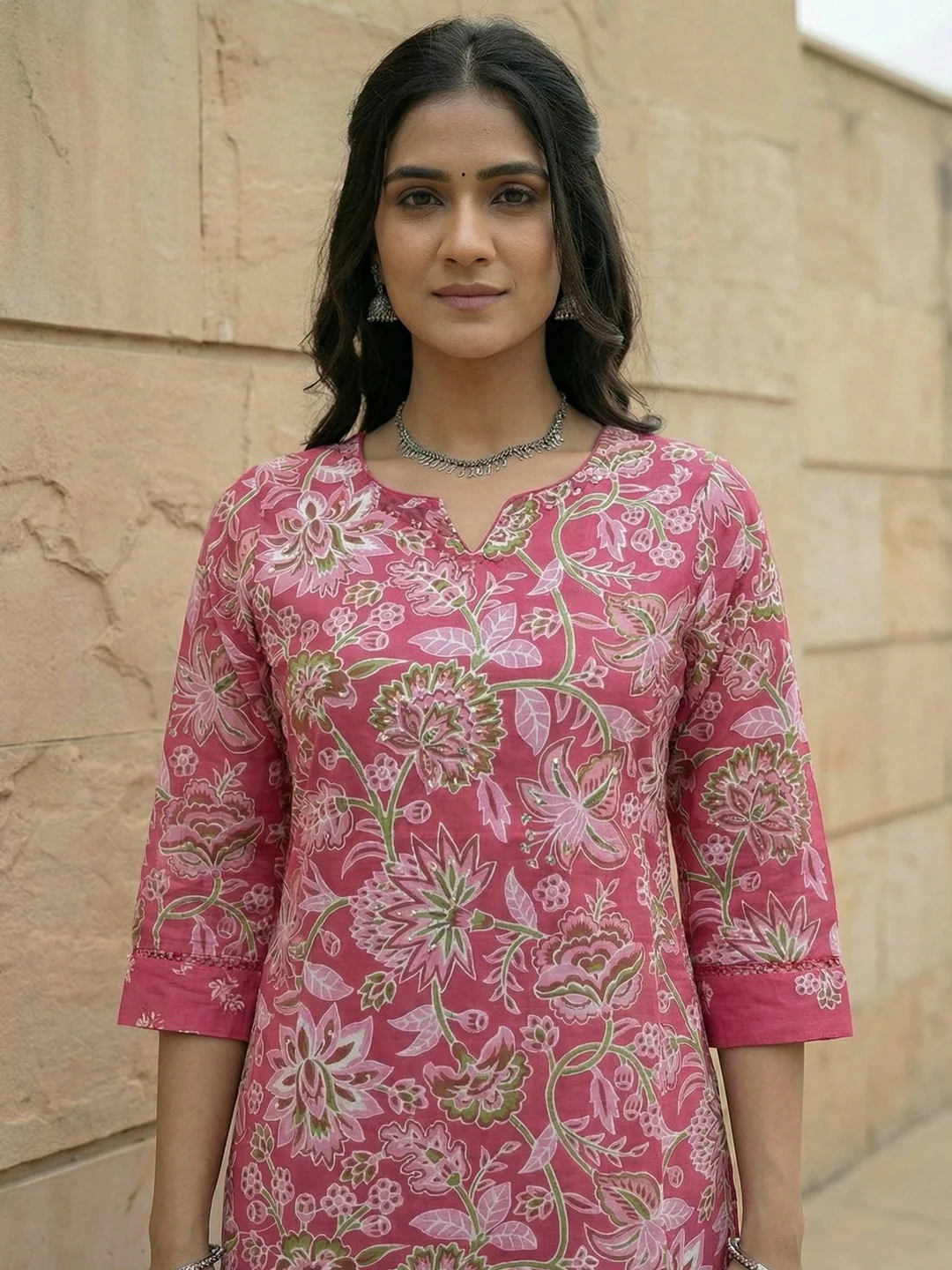 Beautiful Pink Floral Pattern Pure Cotton Kurta Salwar Set with Printed Dupatta - Image 2