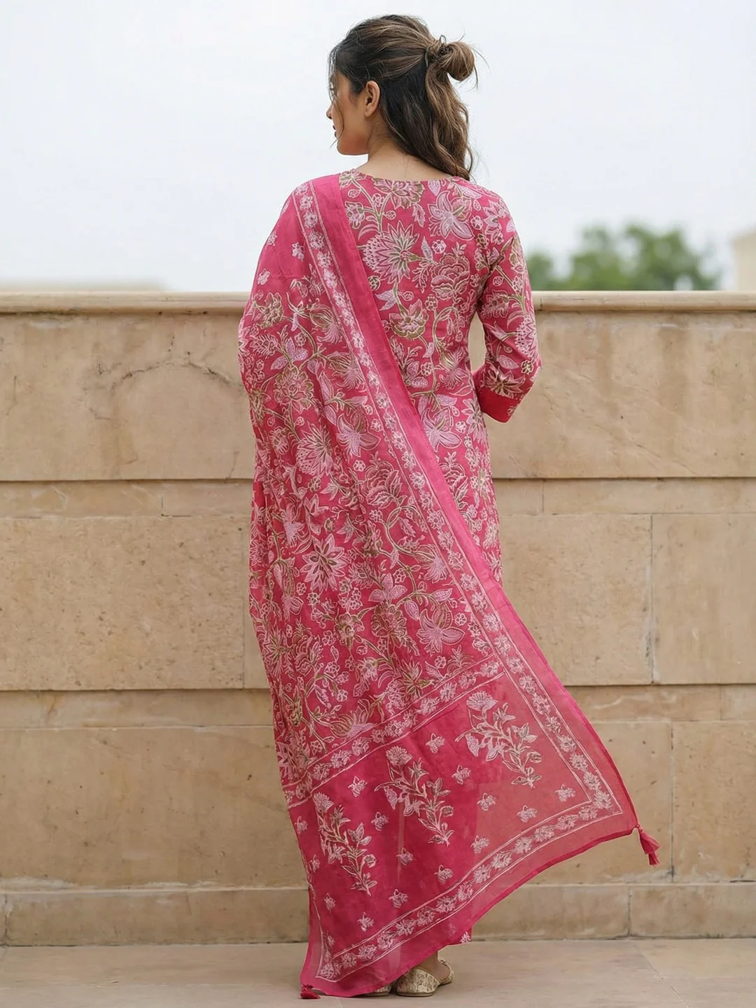 Beautiful Pink Floral Pattern Pure Cotton Kurta Salwar Set with Printed Dupatta - Image 3
