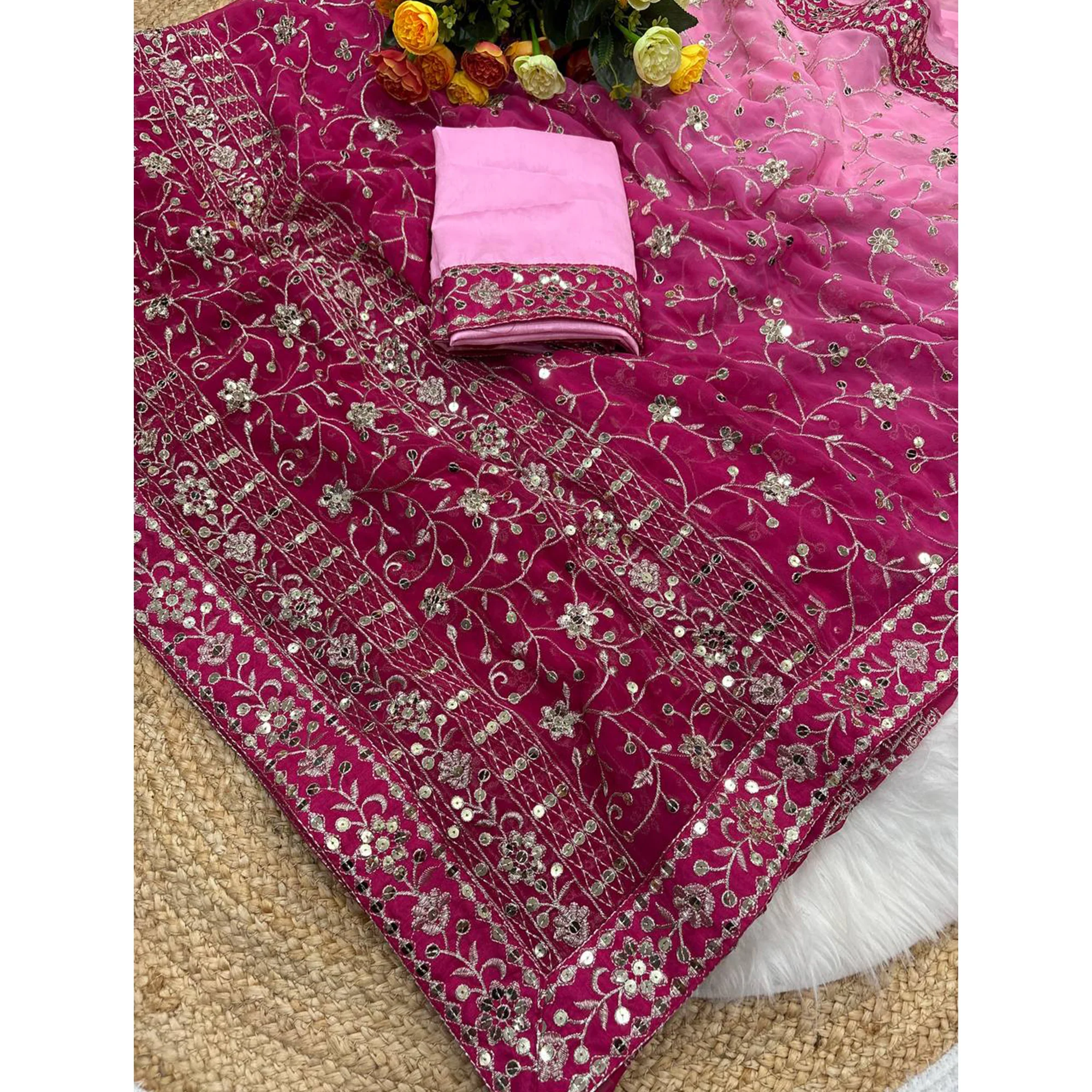 Beautiful Pink Partywear Saree Crafted in Georgette with Sequins and Thread Work - Image 3