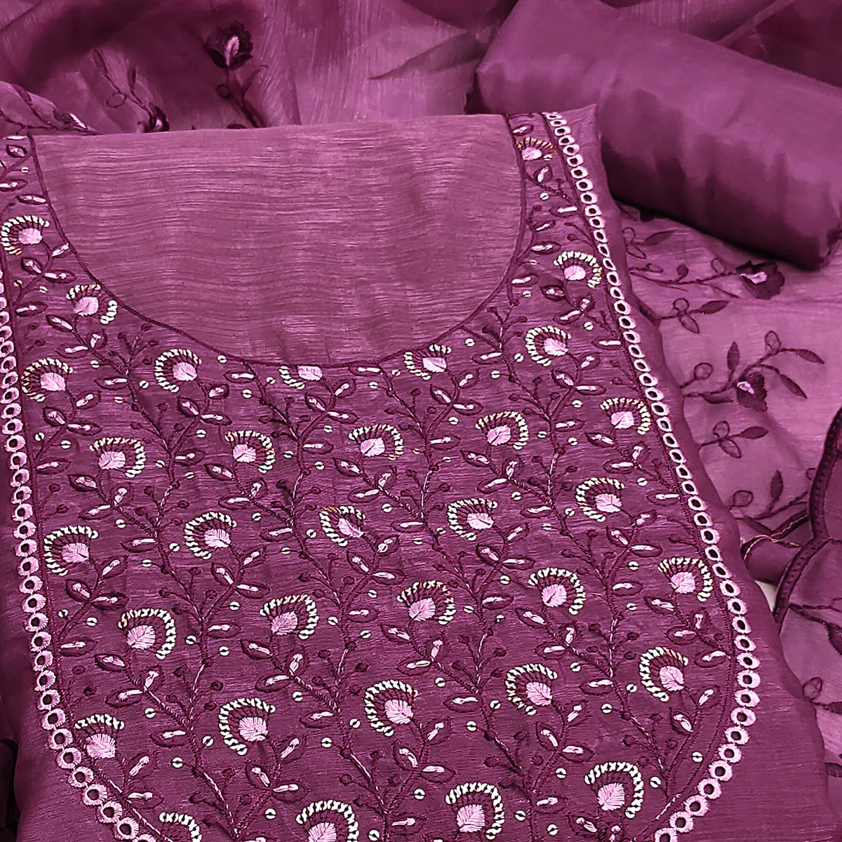 Beautiful Purple Art Silk Unstitched Suit Material Decorated with Fine Floral Embroidery Work - Image 2