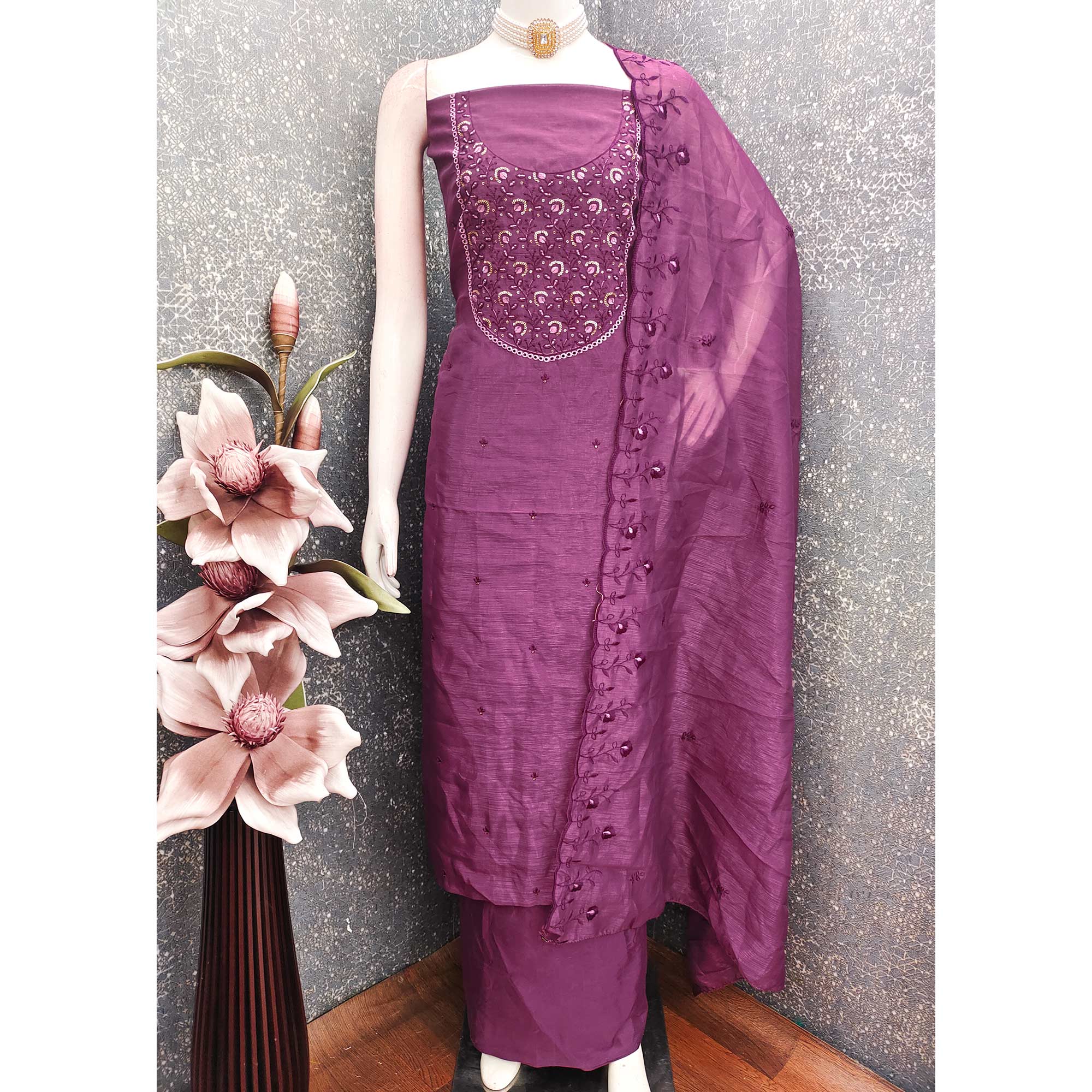 Beautiful Purple Art Silk Unstitched Suit Material Decorated with Fine Floral Embroidery Work - Image 3