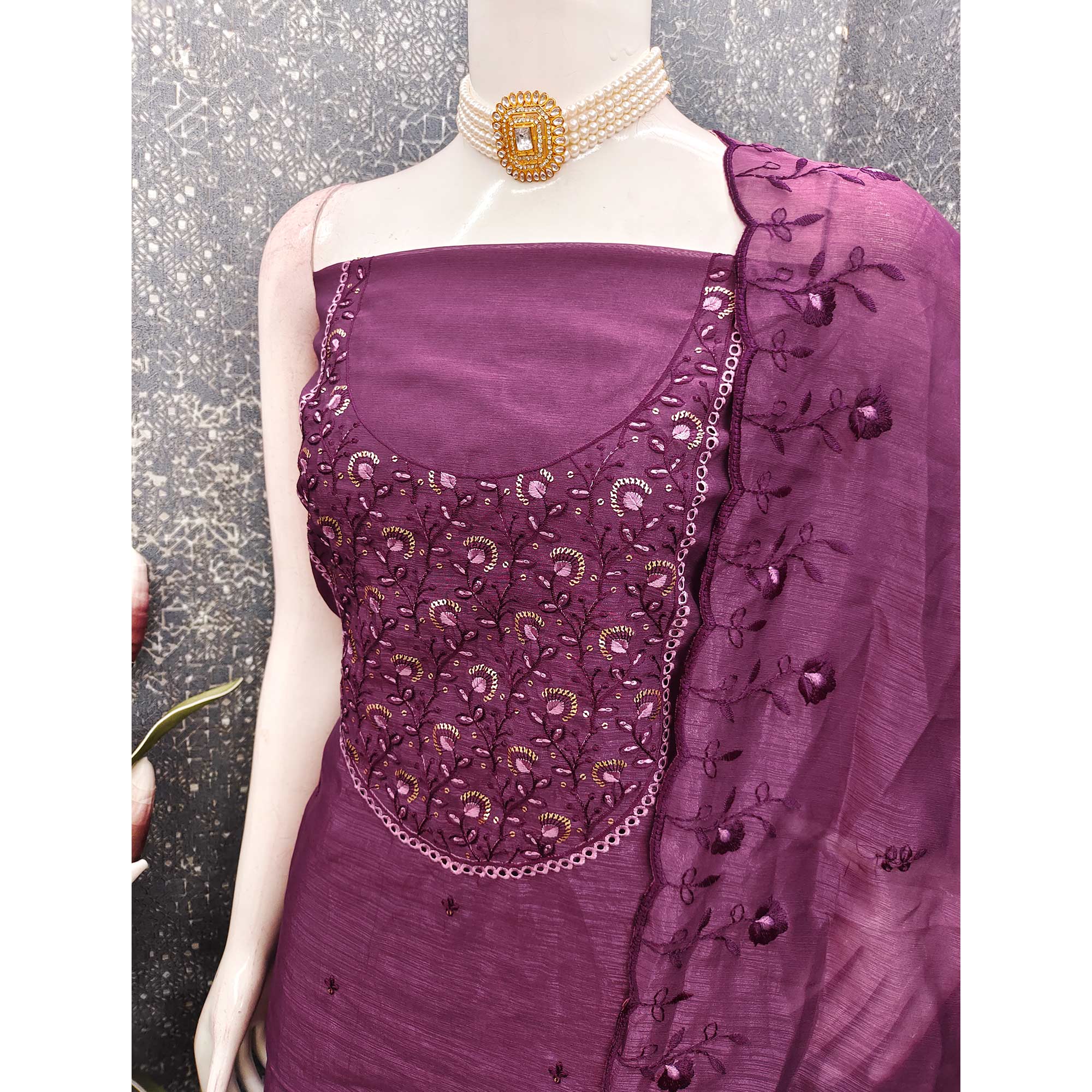 Beautiful Purple Art Silk Unstitched Suit Material Decorated with Fine Floral Embroidery Work - Image 4