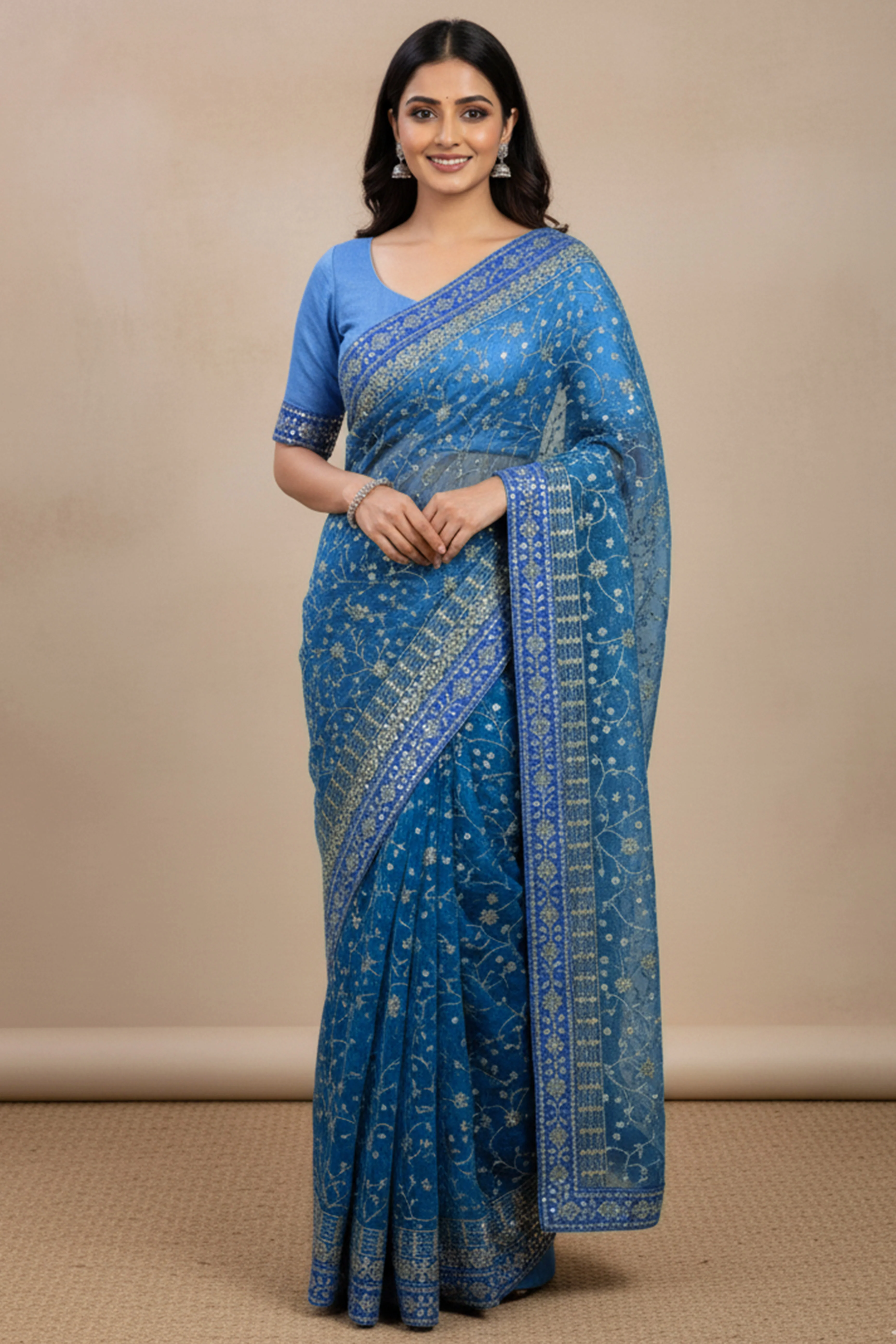 Beautiful Sky Blue Partywear Saree Crafted in Georgette with Sequins and Thread Work - Image 5