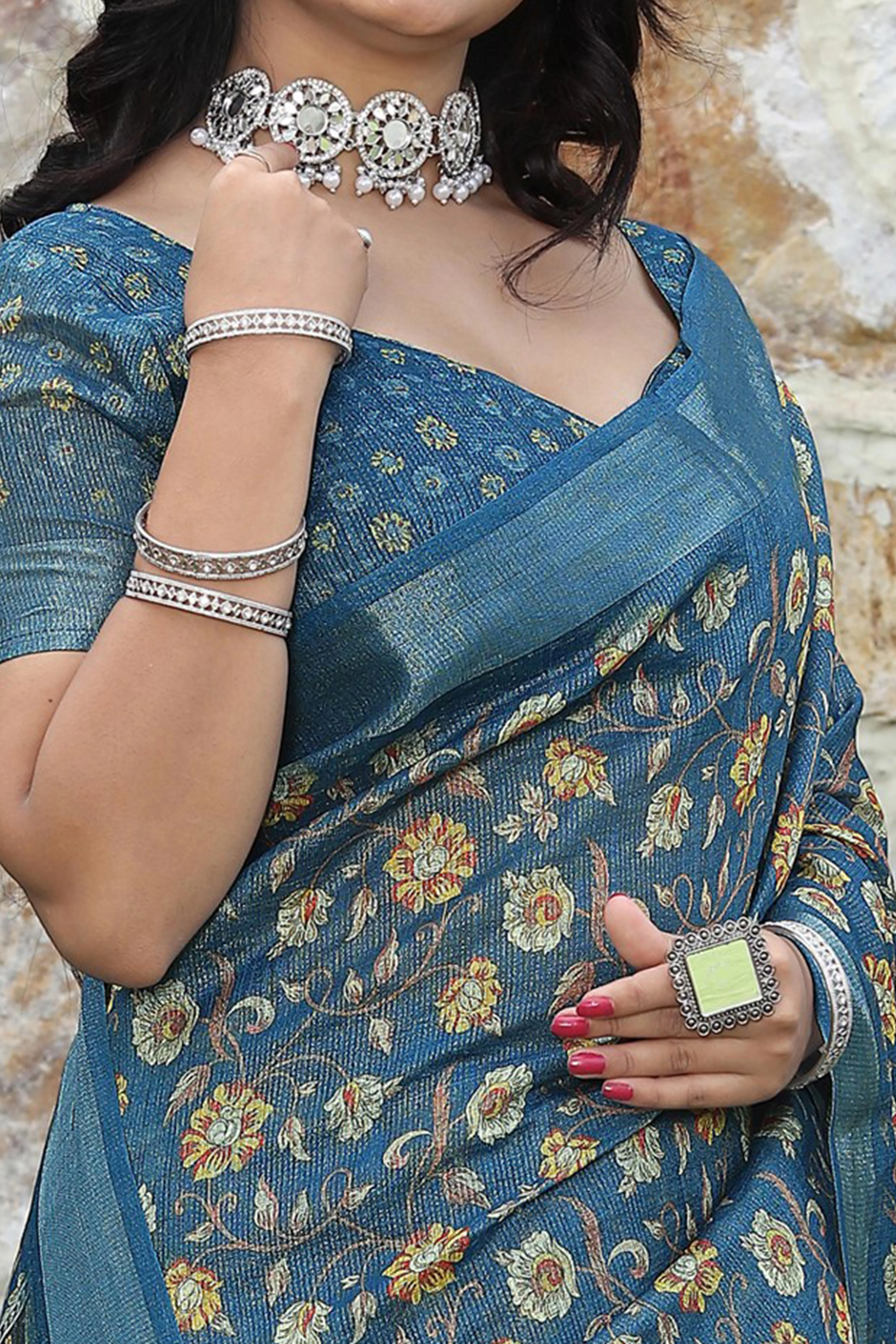 Beautiful Teal Tissue Handloom Saree with Detailed Digital Floral Embellishments - Image 2