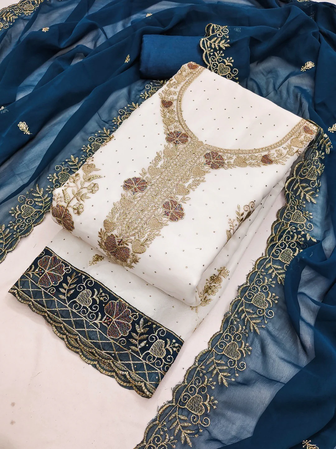 Beautiful White & Blue Floral Embroidery With Sparkling Diamond Work Georgette Dress Material - Image 3
