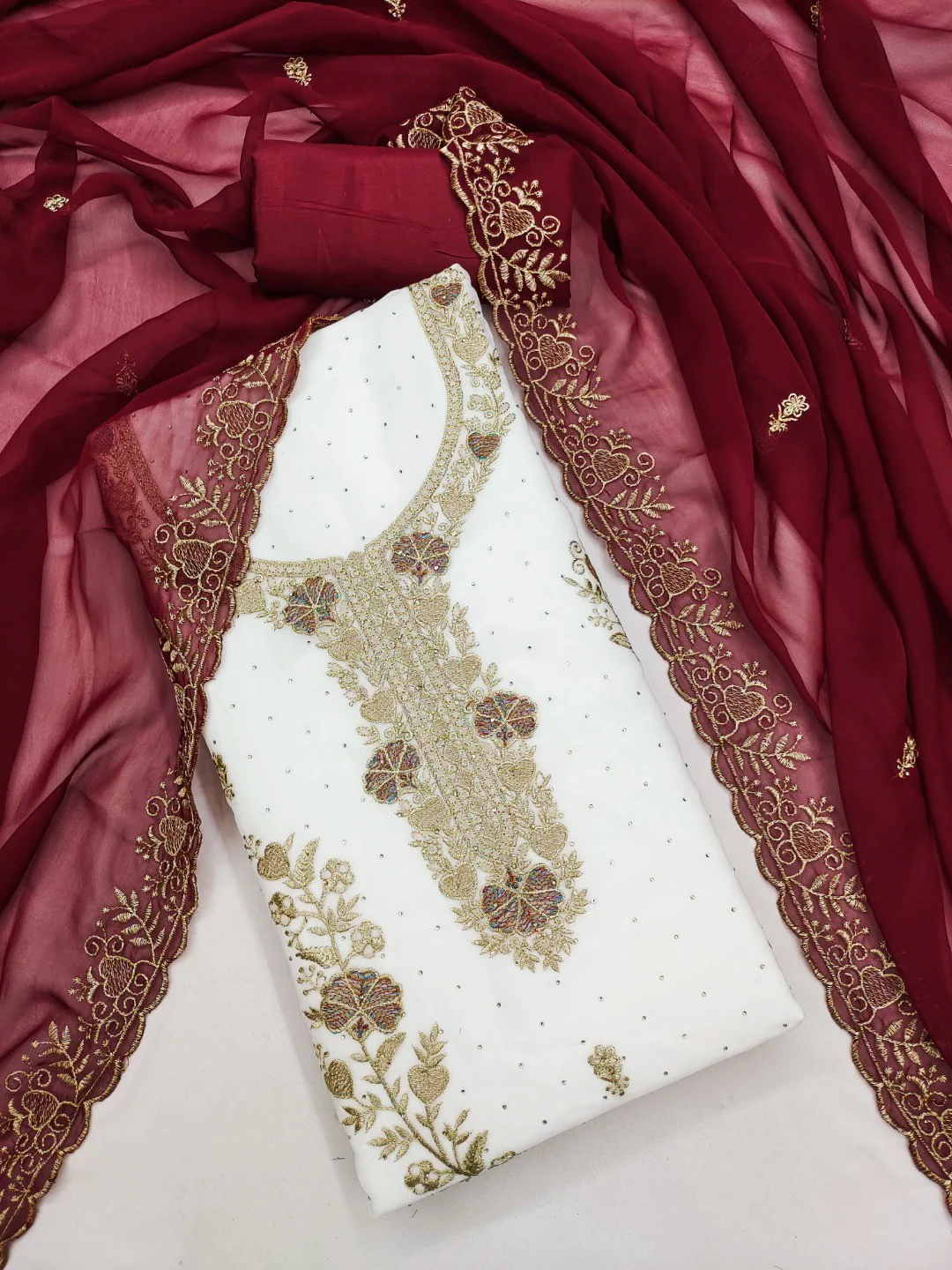 Beautiful White & Maroon Floral Embroidery With Sparkling Diamond Work Georgette Dress Material - Image 5