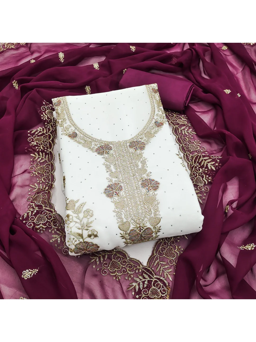 Beautiful White & Wine Floral Embroidery With Sparkling Diamond Work Georgette Dress Material - Image 2