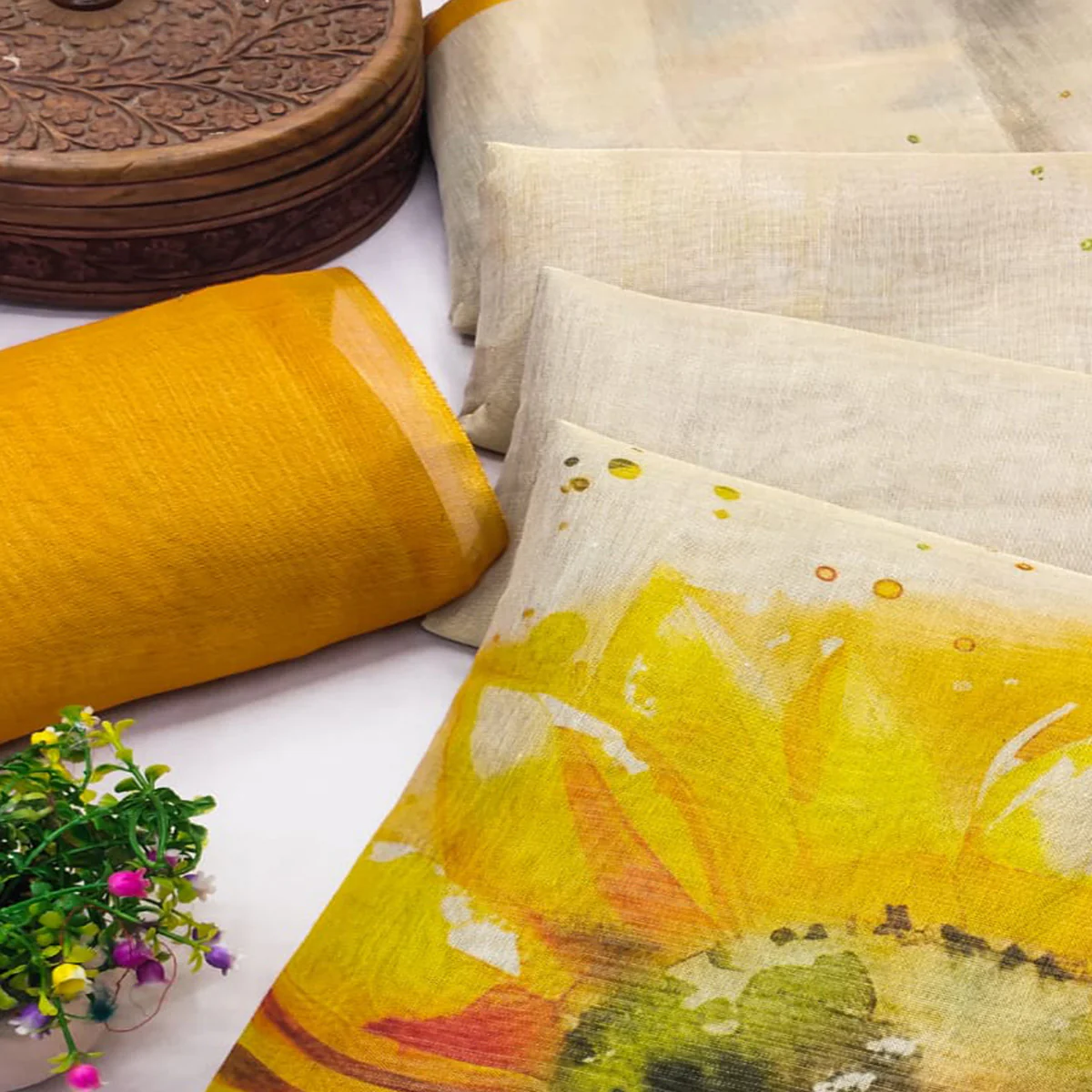 Beige Art Silk Saree with Soft Floral Printing - Image 2