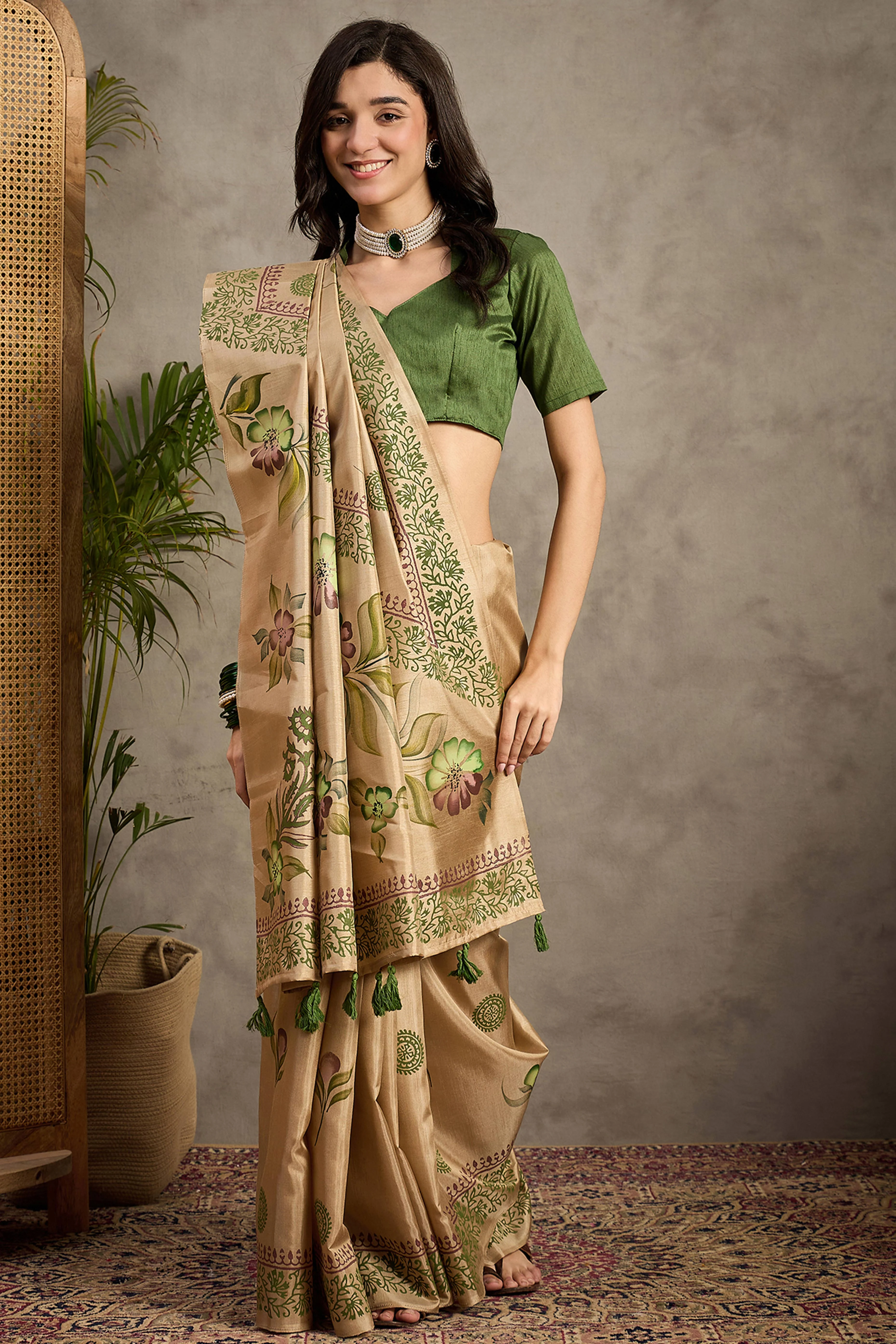 Beige Blossom Printed Kozi Cotton Silk Saree Adorned With Stylish Tassel Detailing Pallu