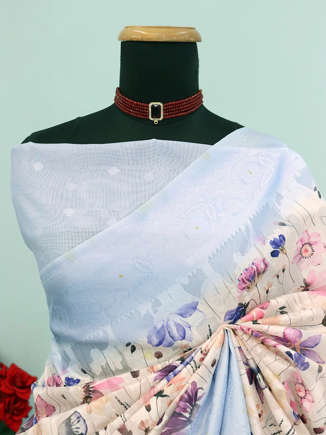 Beige & Blue Floral Digital Print Silk Blend Lucknowi Saree With Jacquard Woven Border & Rich Pallu - Image 3