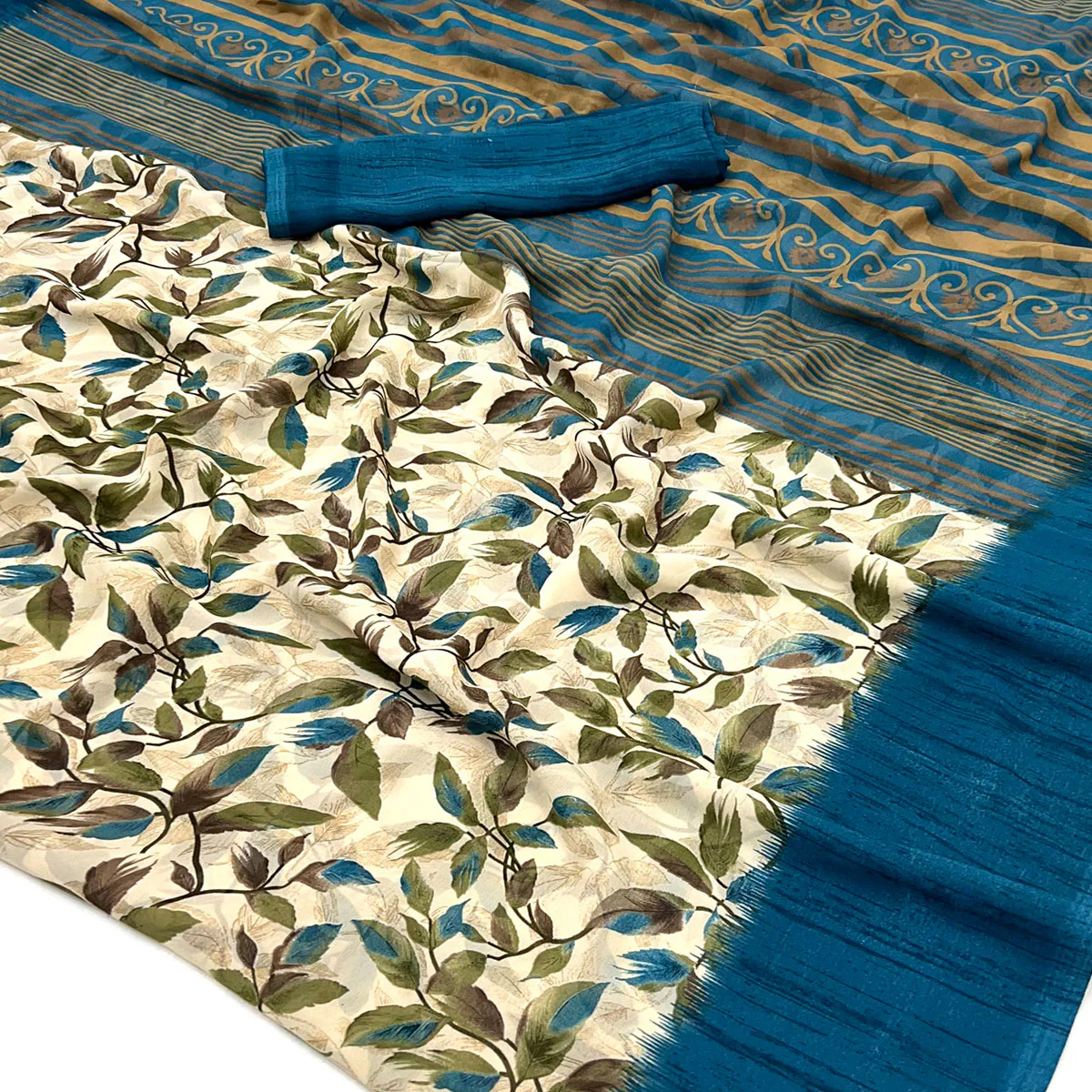 Beige & Blue Floral Printed Georgette Saree - Image 2