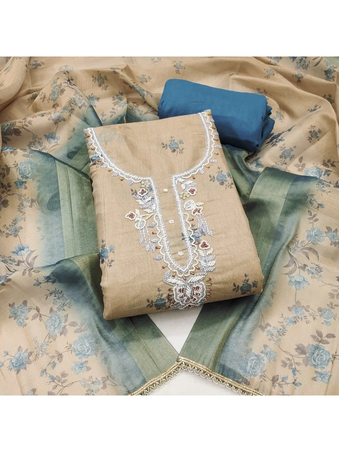 Beige & Blue Floral Printed Linen Dress Material with Embroidery - Image 5