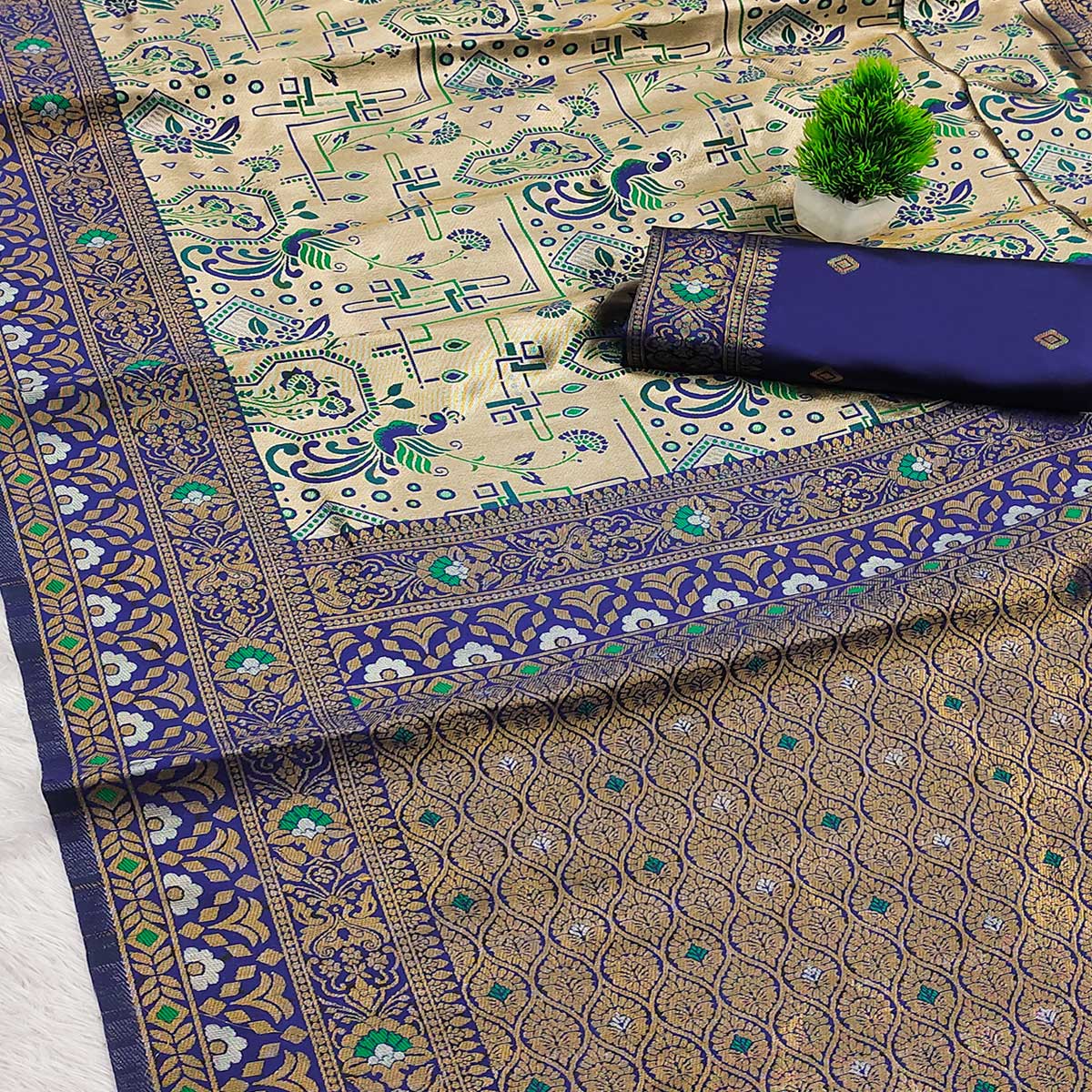 Beige & Blue Handloom Kanjivaram Silk Saree Featuring Kalamkari-Style Floral Weaves - Image 2