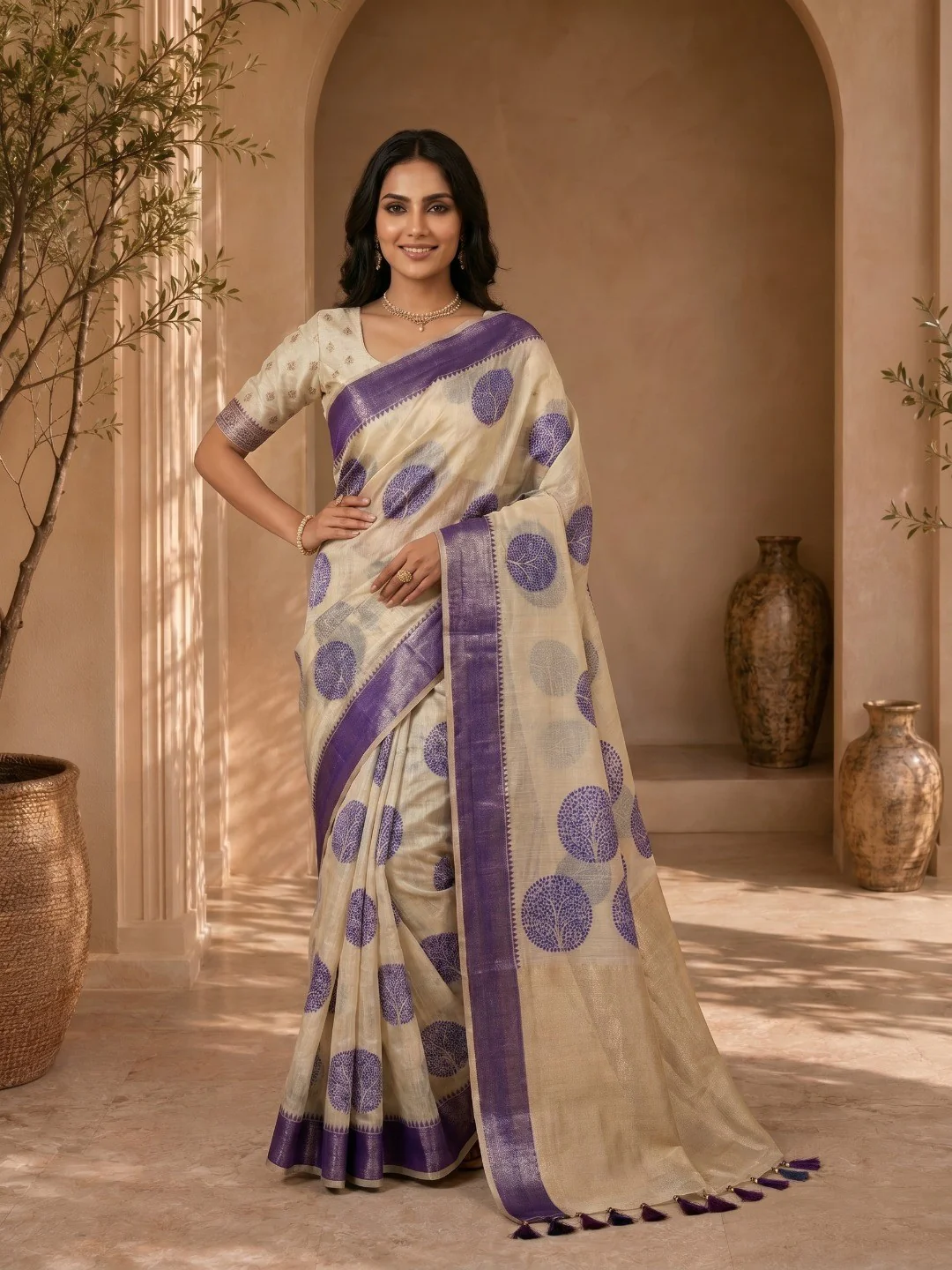 Beige & Blue Meenakari Crafted Soft Muga Cotton Saree Designed for Elegant Festive Styling