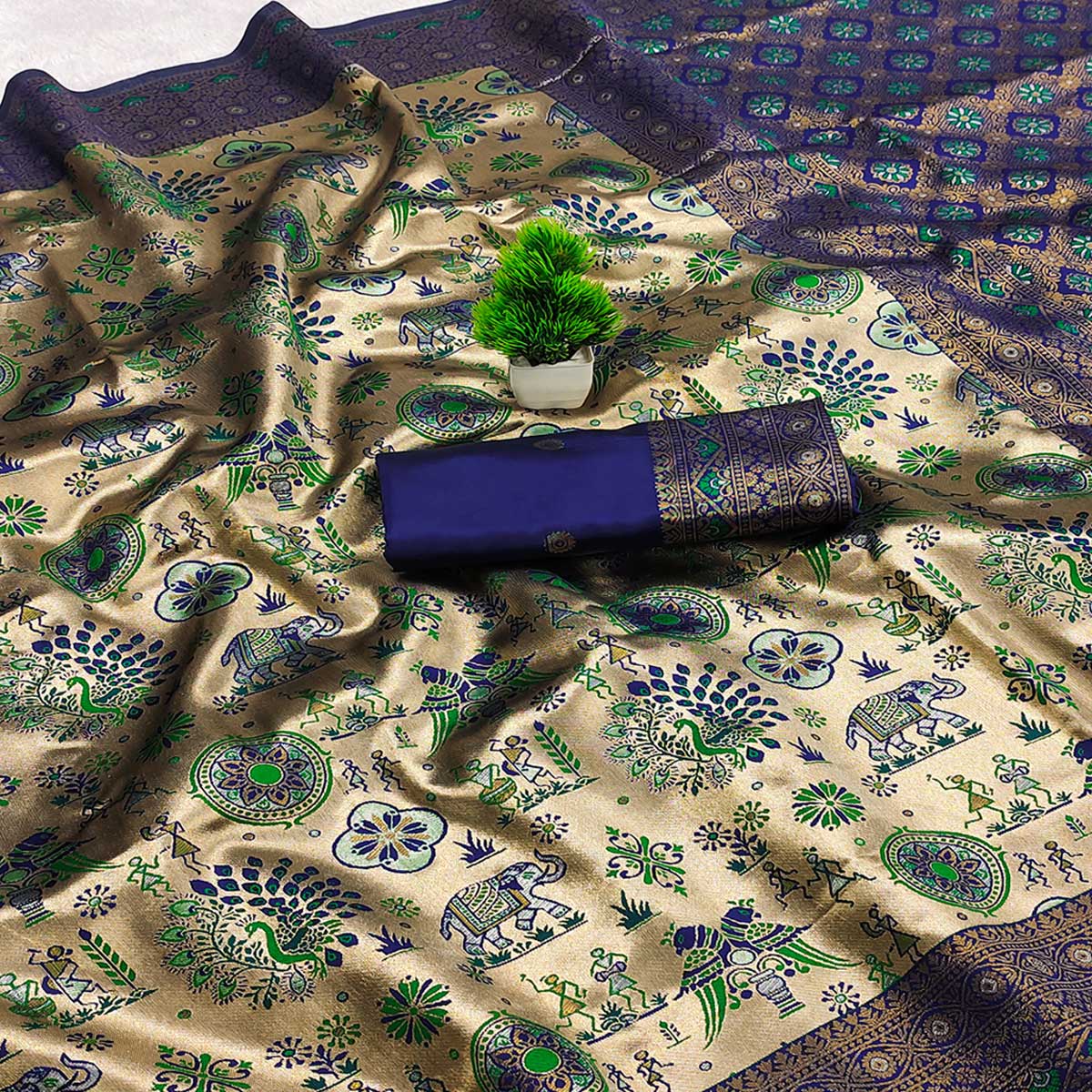 Beige & Blue Pure Kanjivaram Silk Saree Adorned with Meenakari Floral Weaving - Image 2