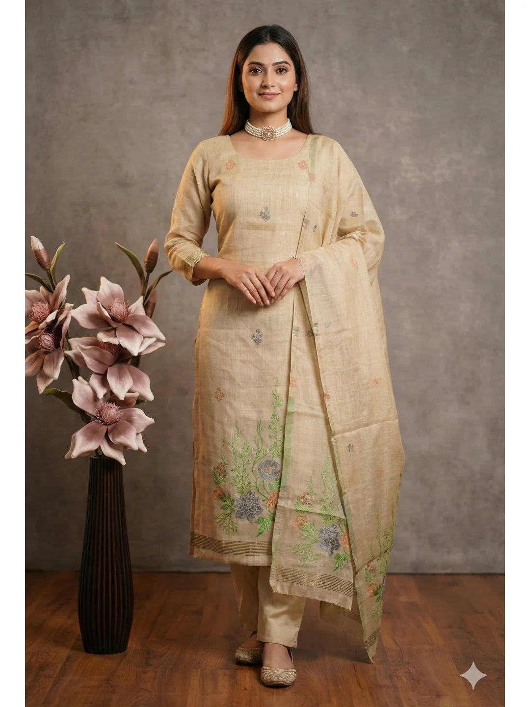 Beige Chanderi Cotton Dress Material with Floral Print and Dupatta