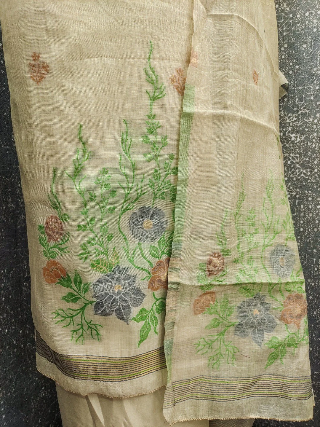 Beige Chanderi Cotton Dress Material with Floral Print and Dupatta - Image 2