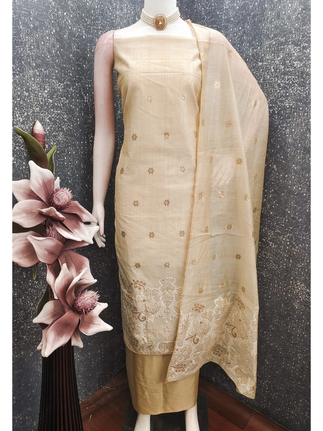 Beige Chanderi Silk Dress Material with Embroidered Details - Image 2