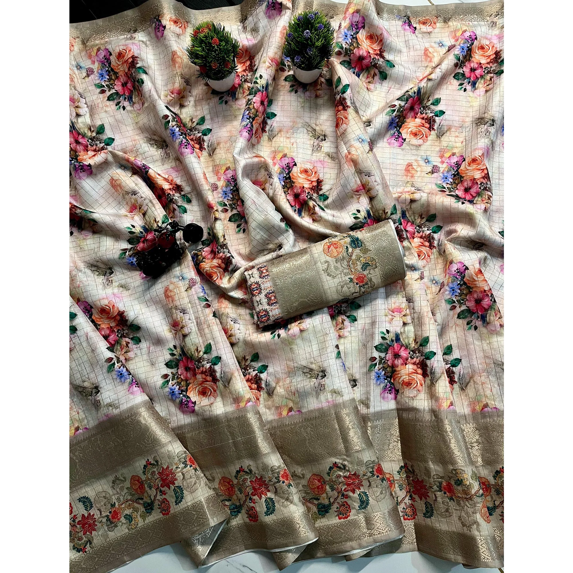 Beige Checks Zari Woven With Floral Printed Dola Silk Saree - Image 4