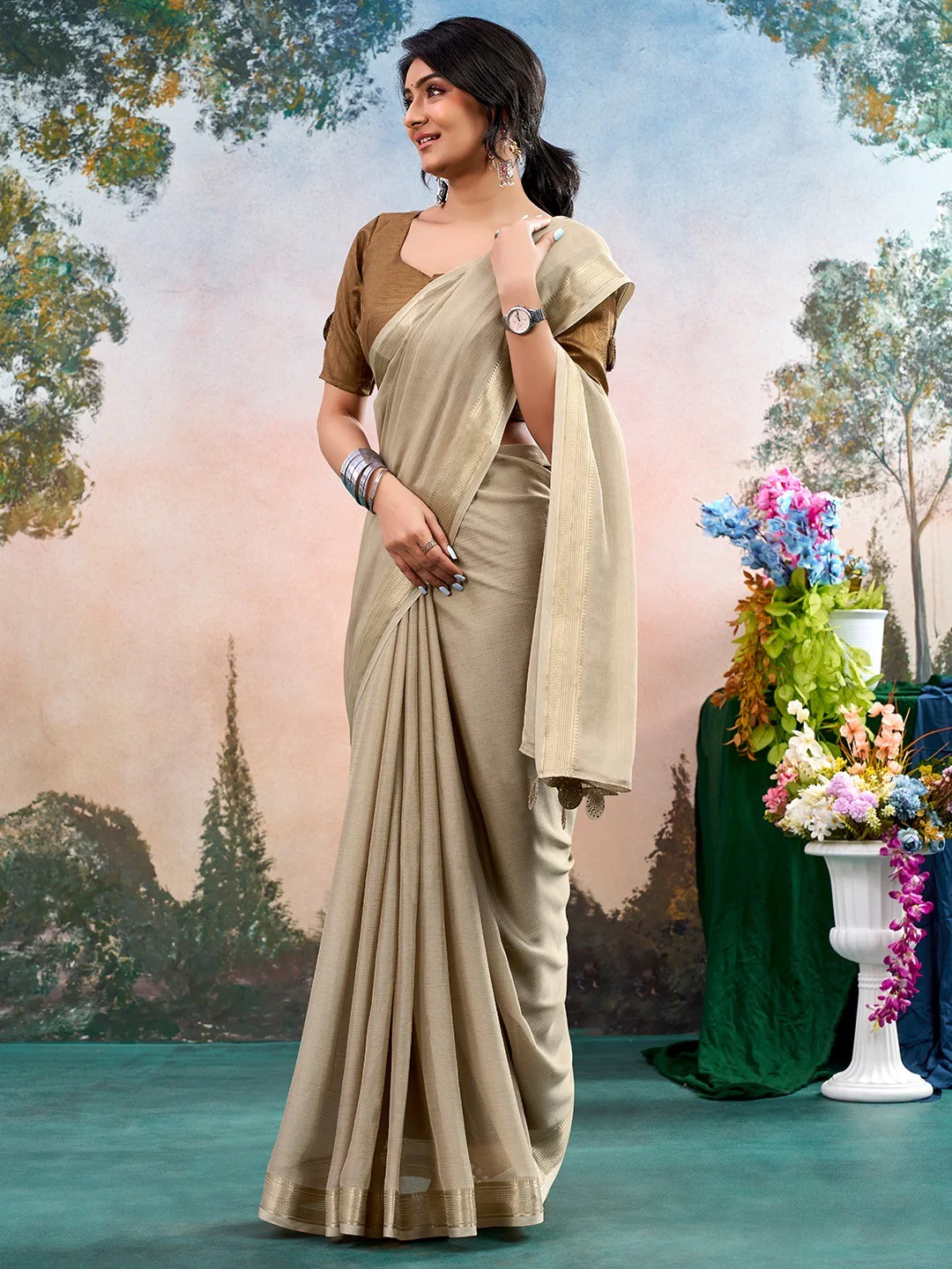 Beige Chinon Saree Featuring Classic Golden Zari Border with Smooth Solid Finish