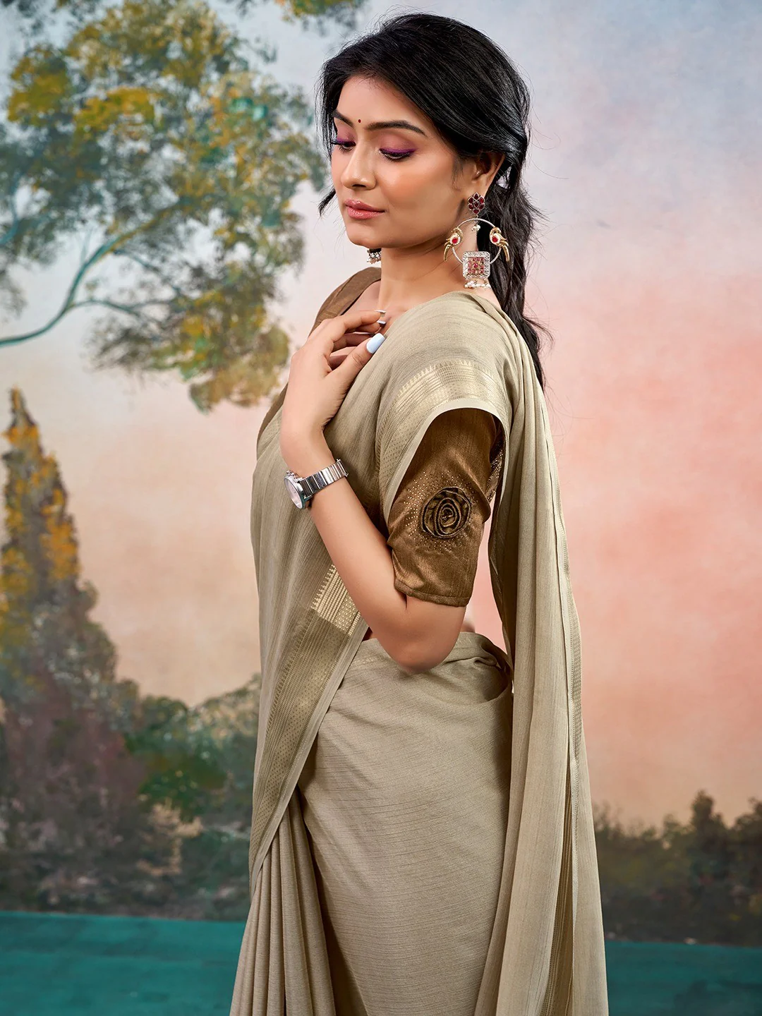 Beige Chinon Saree Featuring Classic Golden Zari Border with Smooth Solid Finish - Image 4