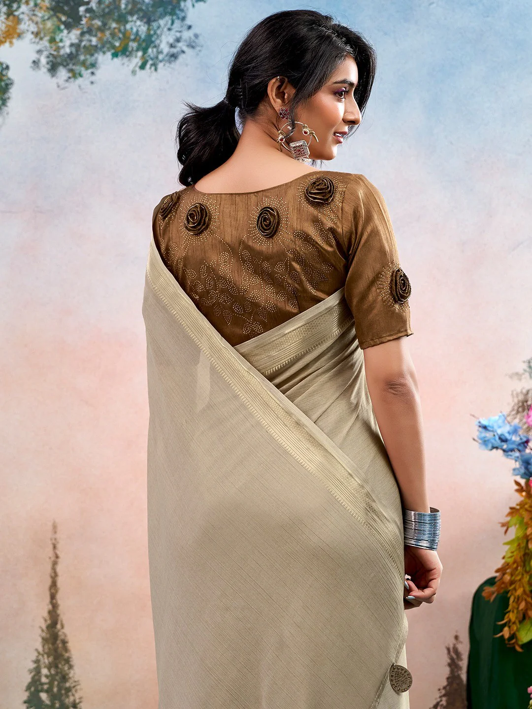 Beige Chinon Saree Featuring Classic Golden Zari Border with Smooth Solid Finish - Image 5