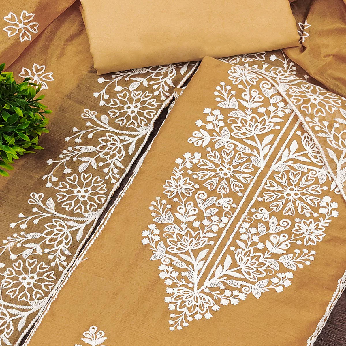 Beige Cotton Blend Unstitched Suit Material with Soft Floral Embroidery Work - Image 2