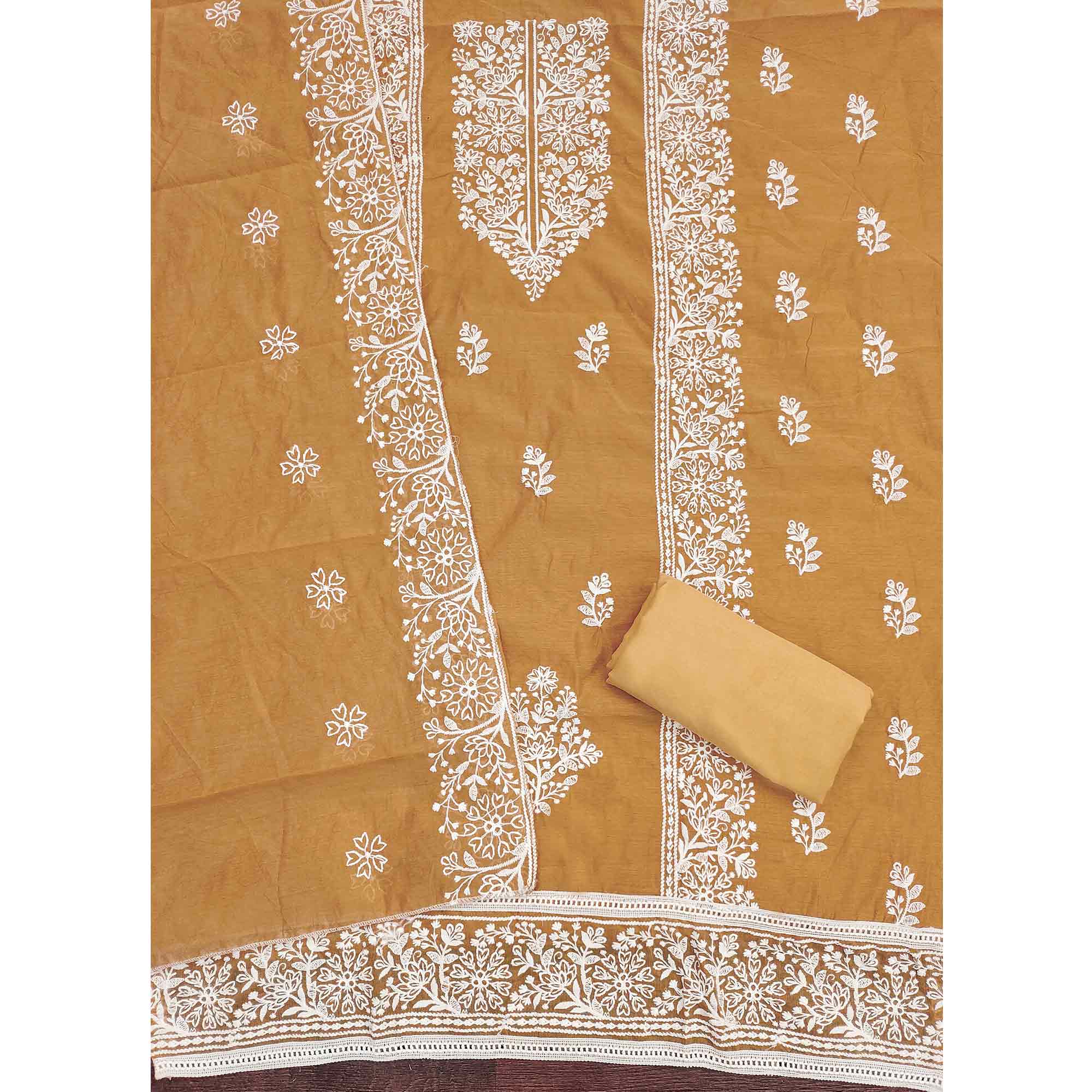 Beige Cotton Blend Unstitched Suit Material with Soft Floral Embroidery Work - Image 3