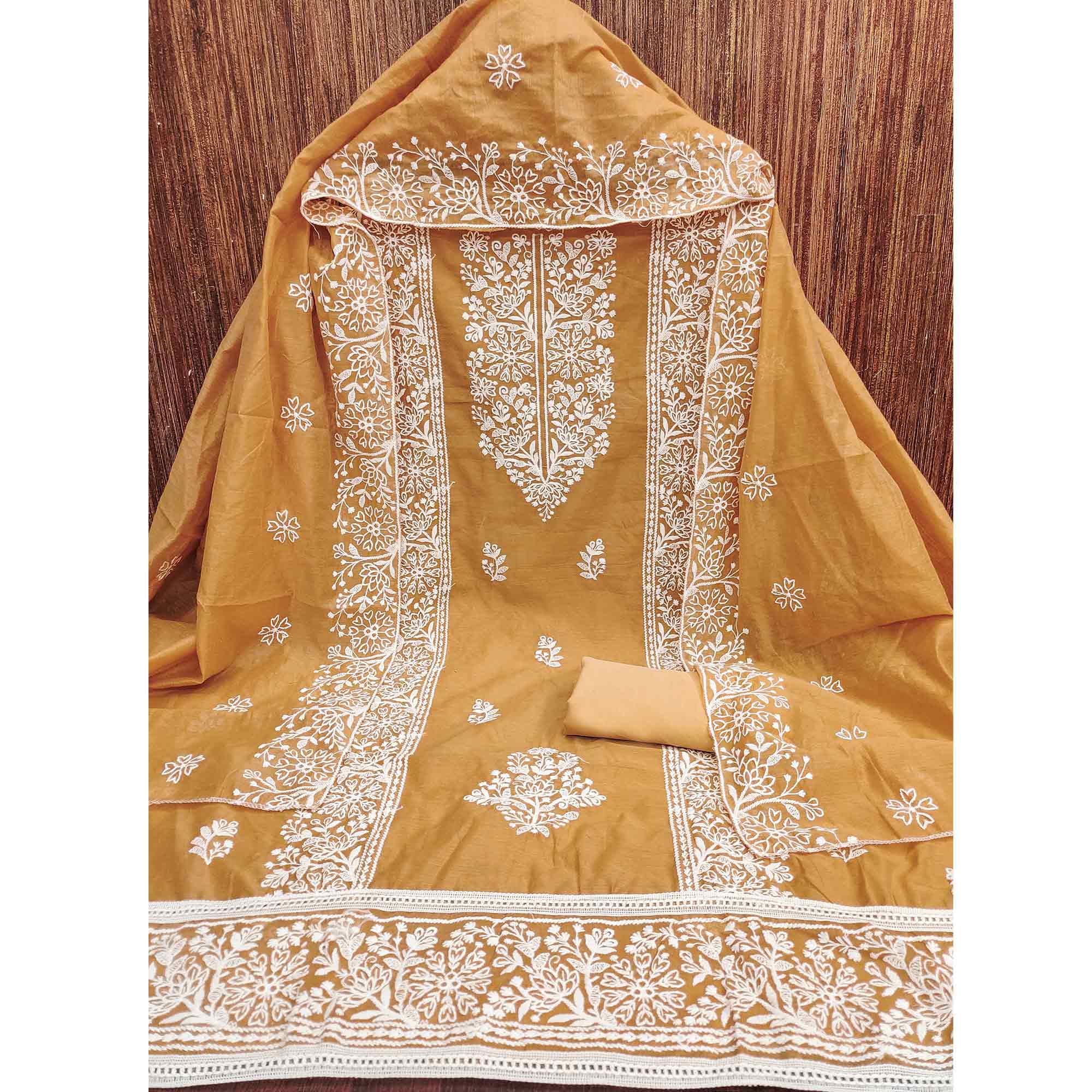 Beige Cotton Blend Unstitched Suit Material with Soft Floral Embroidery Work - Image 4