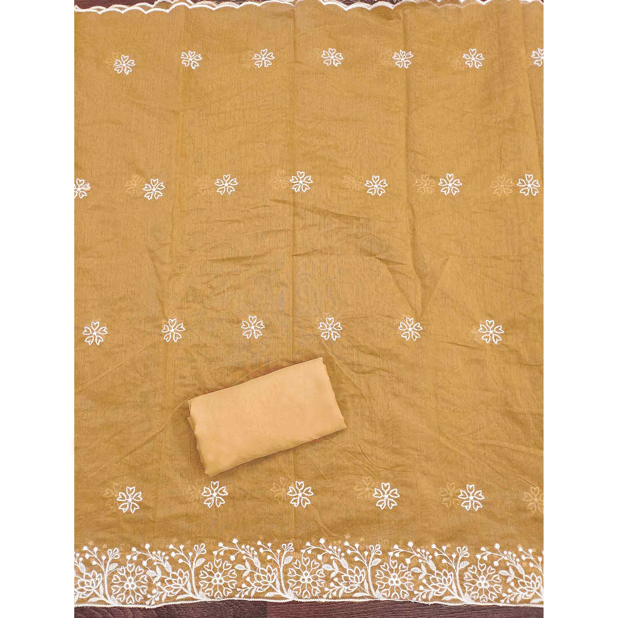 Beige Cotton Blend Unstitched Suit Material with Soft Floral Embroidery Work - Image 5