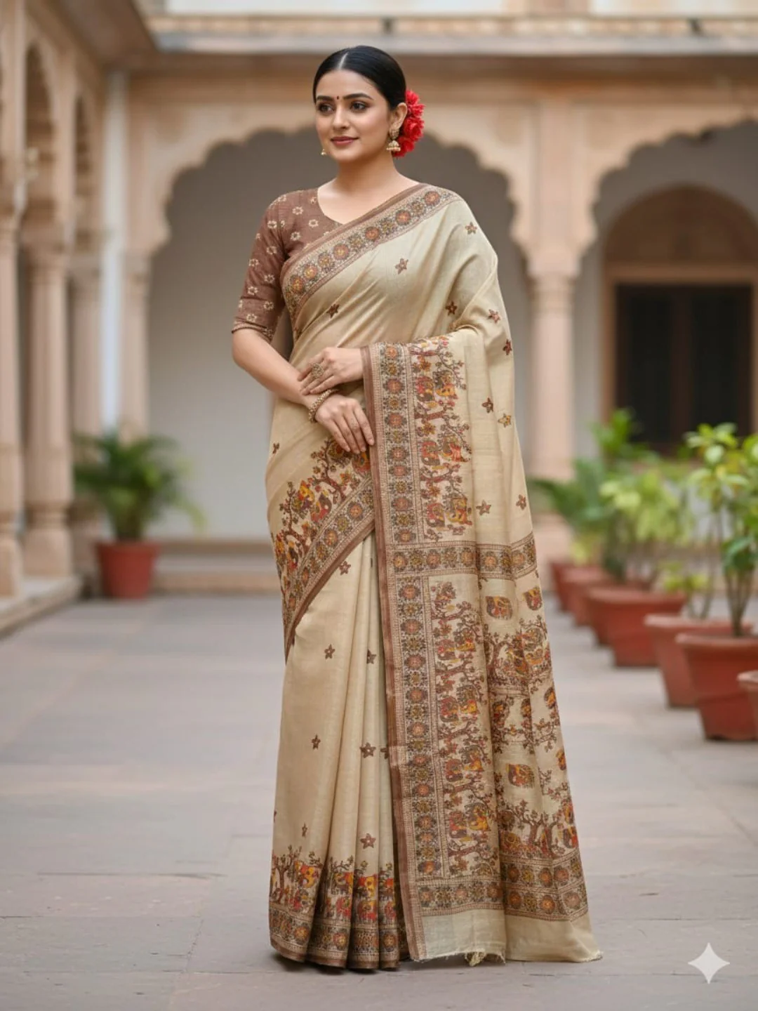 Beige Cotton Silk Saree with Printed Border For Festive Wear