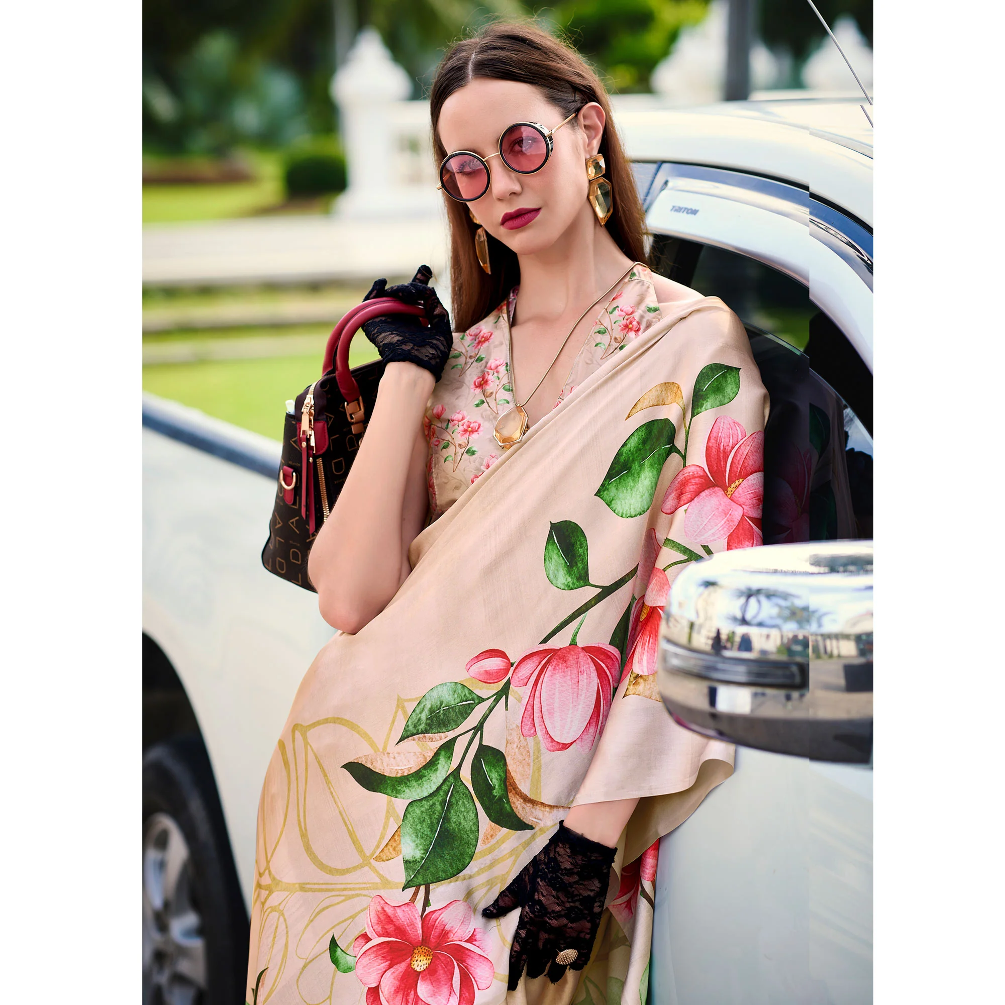 Beige Digital Printed Pure Satin Saree - Image 3