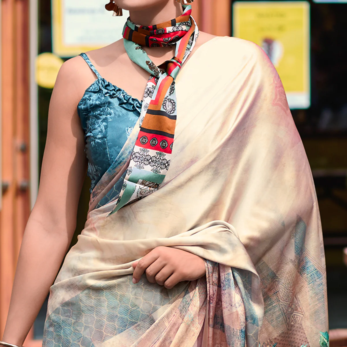 Beige Digital Printed Pure Satin Saree - Image 3