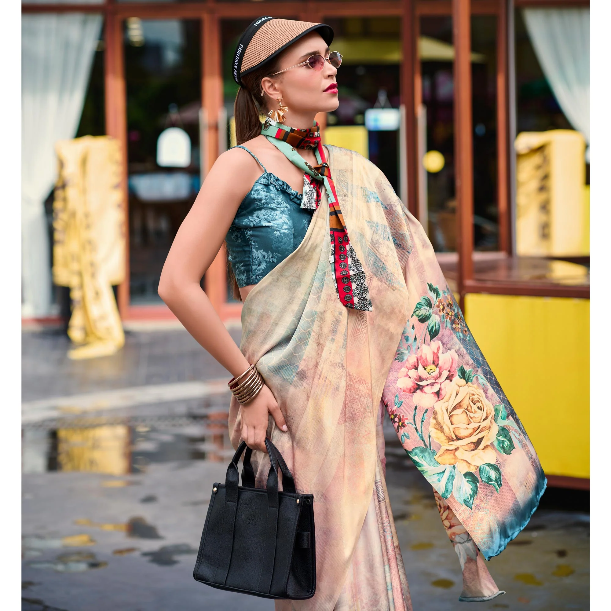 Beige Digital Printed Pure Satin Saree - Image 4