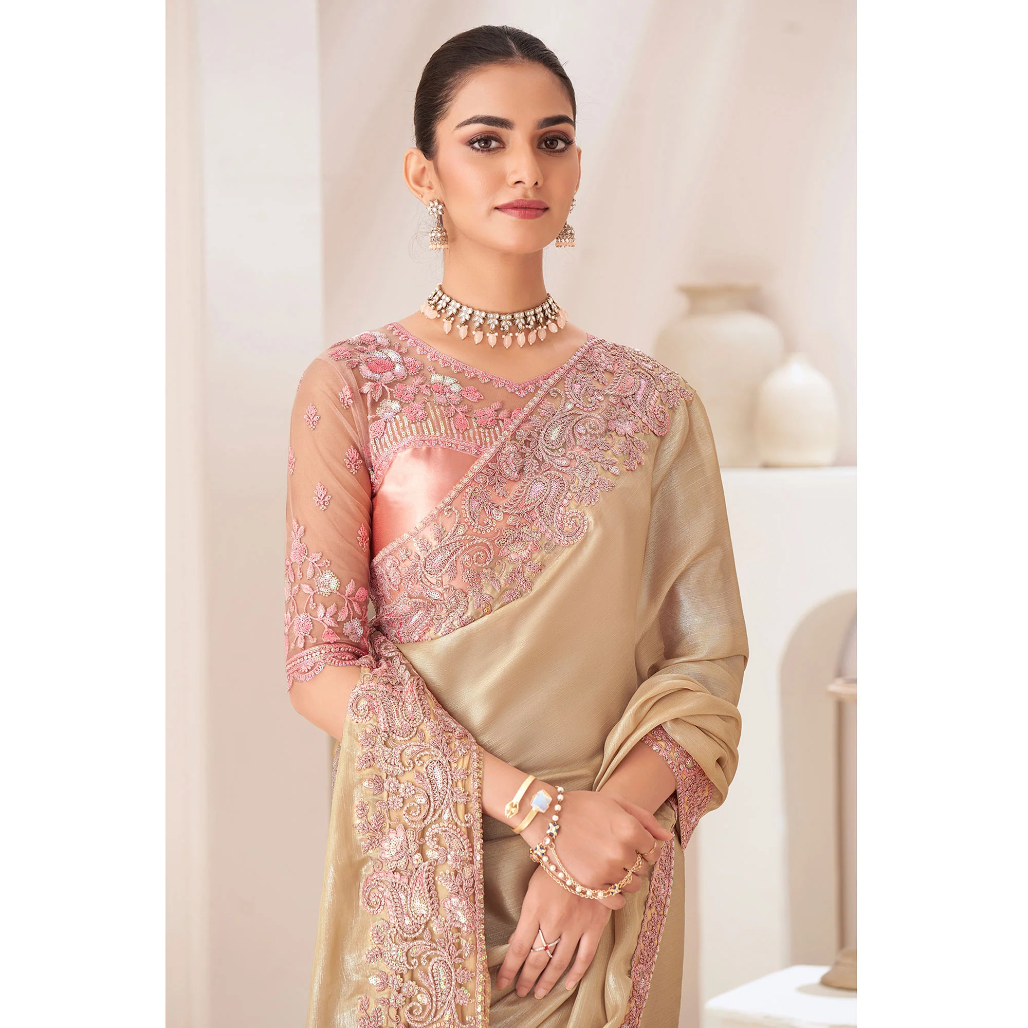 Beige Embroidered Chiffon Saree - Image 4